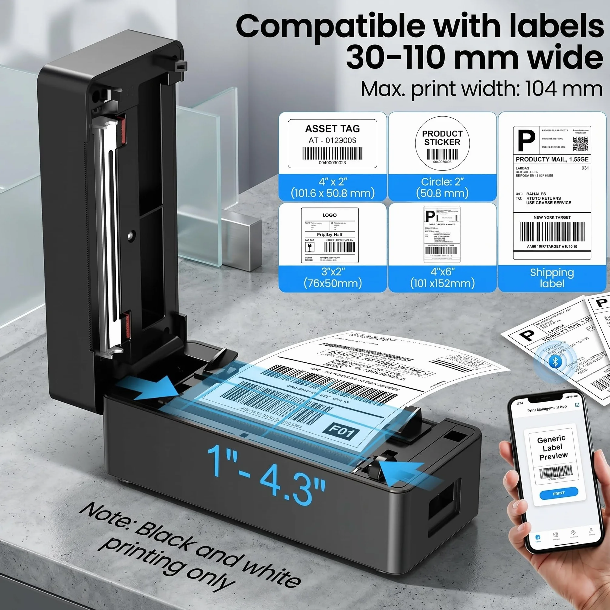 Drukarka etykiet Bluetooth 4x6 (100x150mm), termiczna drukarka do etykiet wysyłkowych DHL, Amazon FBA i Shopify, w zestawie: stojak, pendrive (sterownik) i 30 etykiet, kompatybilna z iOS/Android