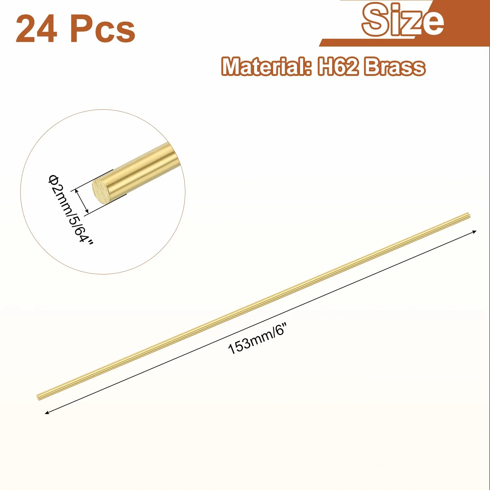 QUARKZMAN Pręt mosiężny H62 5/64" (2mm) 6" (153mm) Solidny okrągły 24 szt.