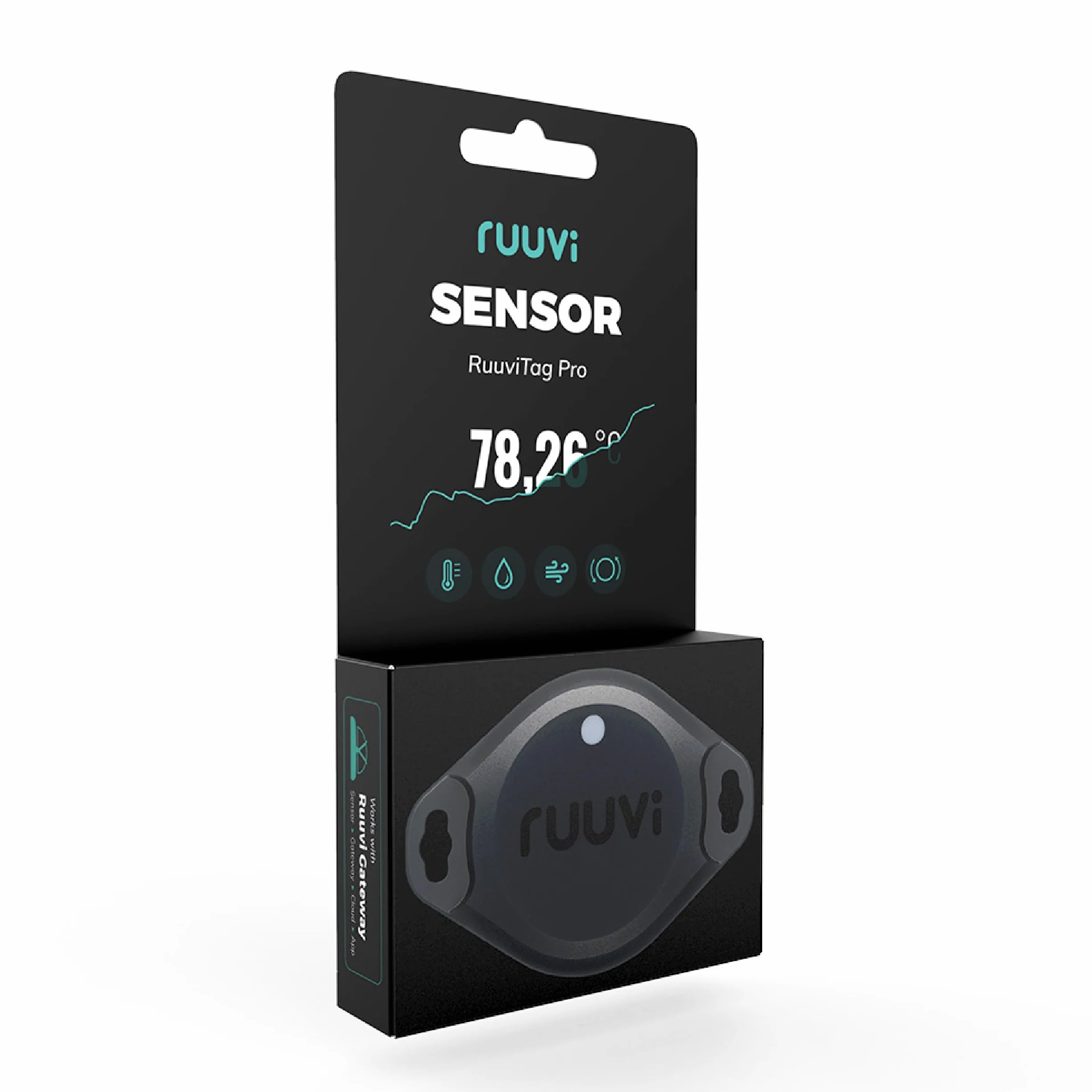 Ruuvi Tag Pro 4w1 bezprzewodowa temperatura Bluetooth (°C/°F), wilgotność powietrza i ciśnienie powietrza. Alerty i historia. Darmowe aplikacje na Android/iOS. Integracja z Victron, Homey i Home