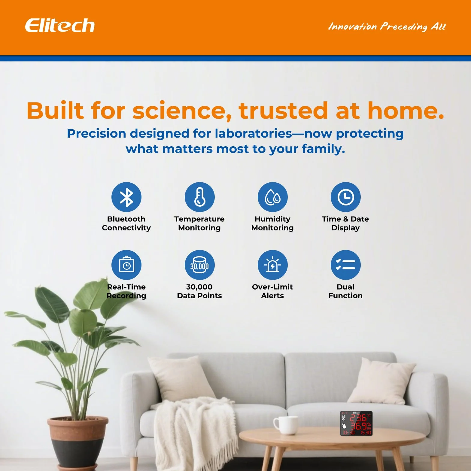 Elitech Cyfrowy termometr z higrometrem DR-230-THDE z podwójną sondą zewnętrzną 2x2m, rejestrator Bluetooth 30000 punktów, duży ekran