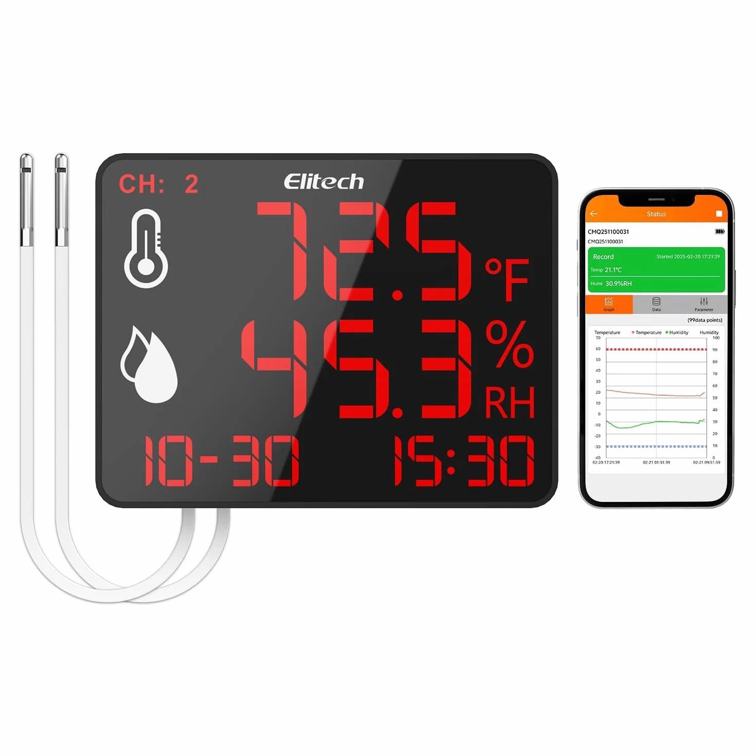 Elitech Cyfrowy termometr z higrometrem DR-230-THDE z podwójną sondą zewnętrzną 2x2m, rejestrator Bluetooth 30000 punktów, duży ekran