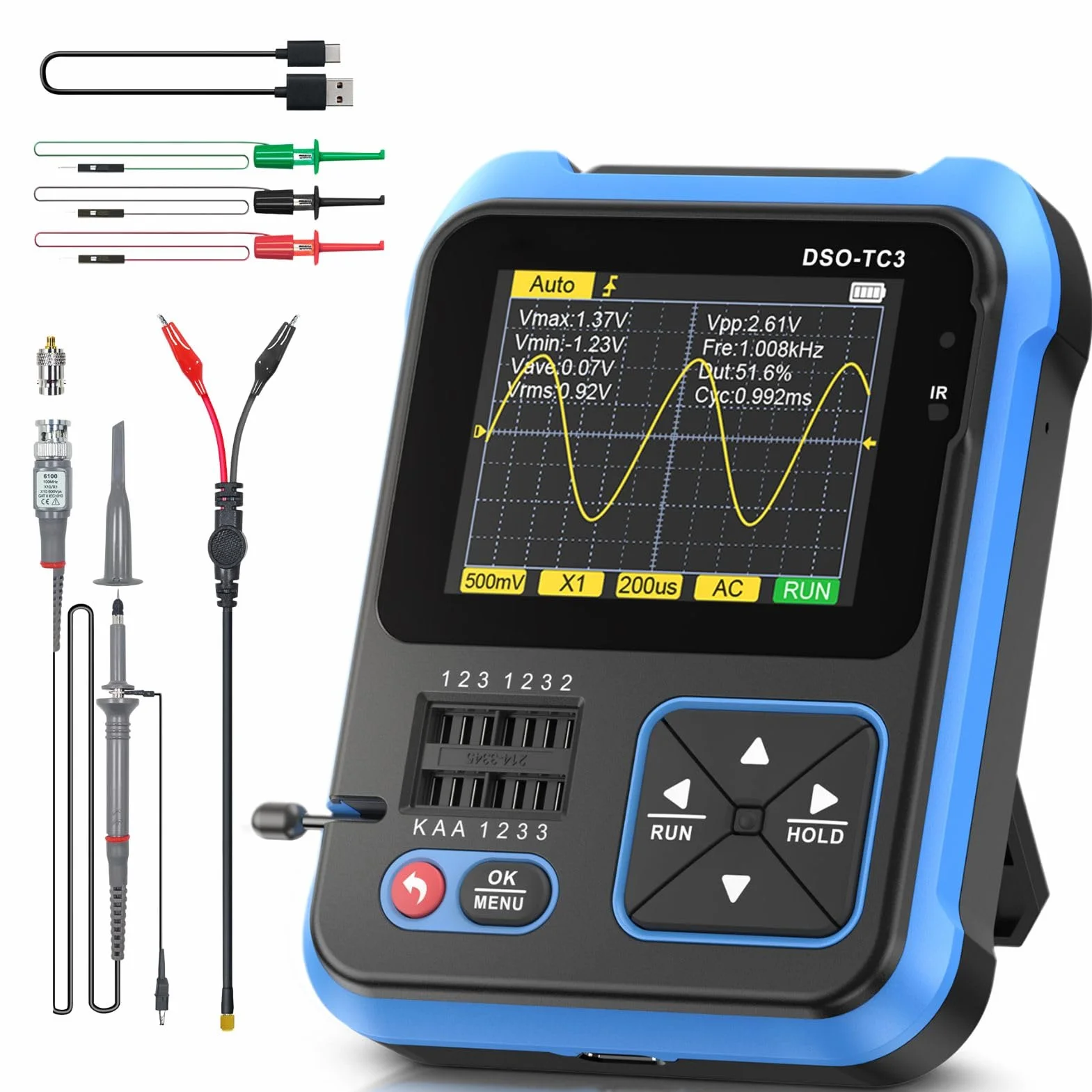 Jadeshay Oscyloskop cyfrowy, DSO-TC3 przenośny zestaw oscyloskopu ręcznego 3 w 1, cyfrowy tester tranzystorowy oscyloskopu, generator sygnału