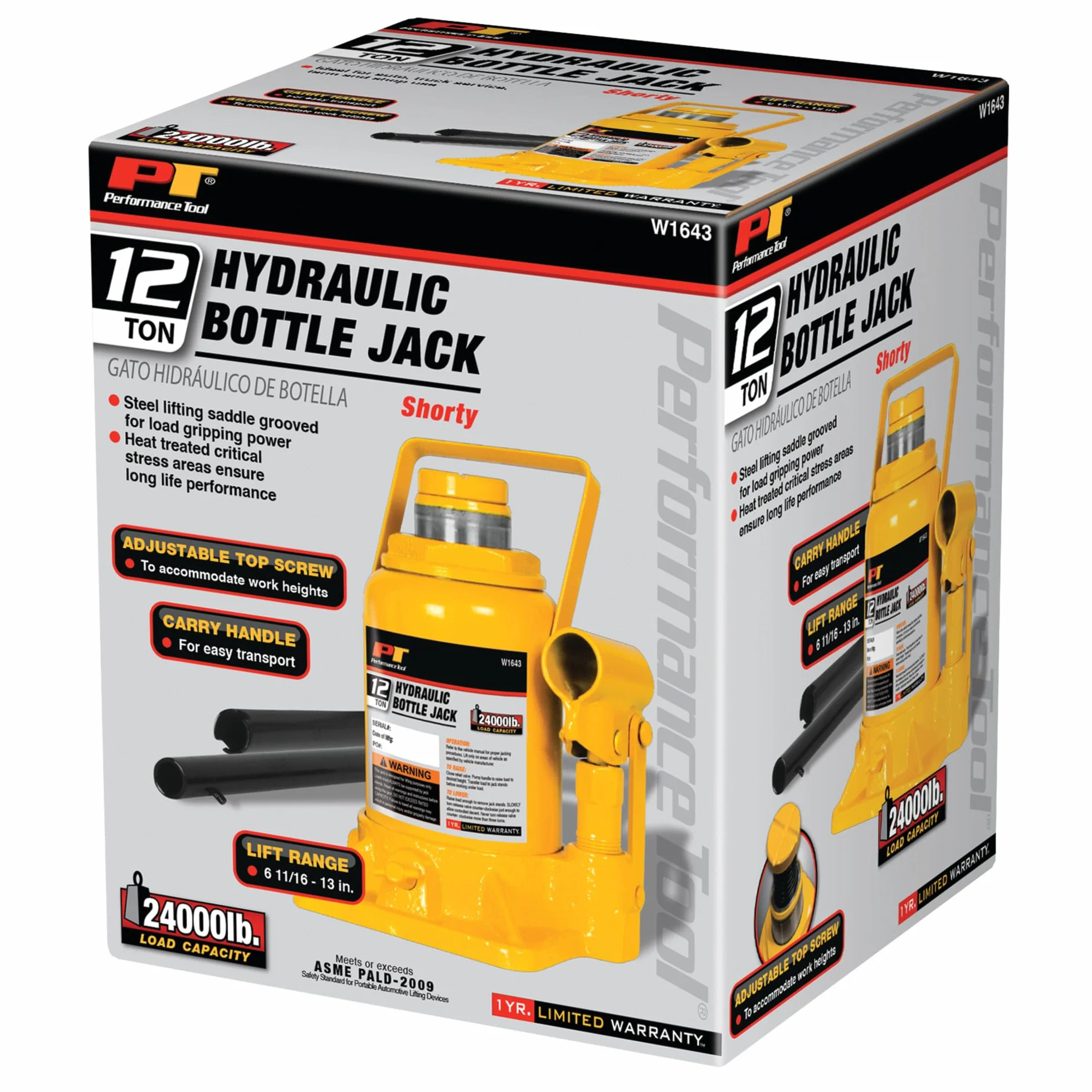 Performance Tool W1643 Heavy Duty Shorty Bottle Jack do konserwacji pojazdu, pojemność 12 ton (10,9 kg)