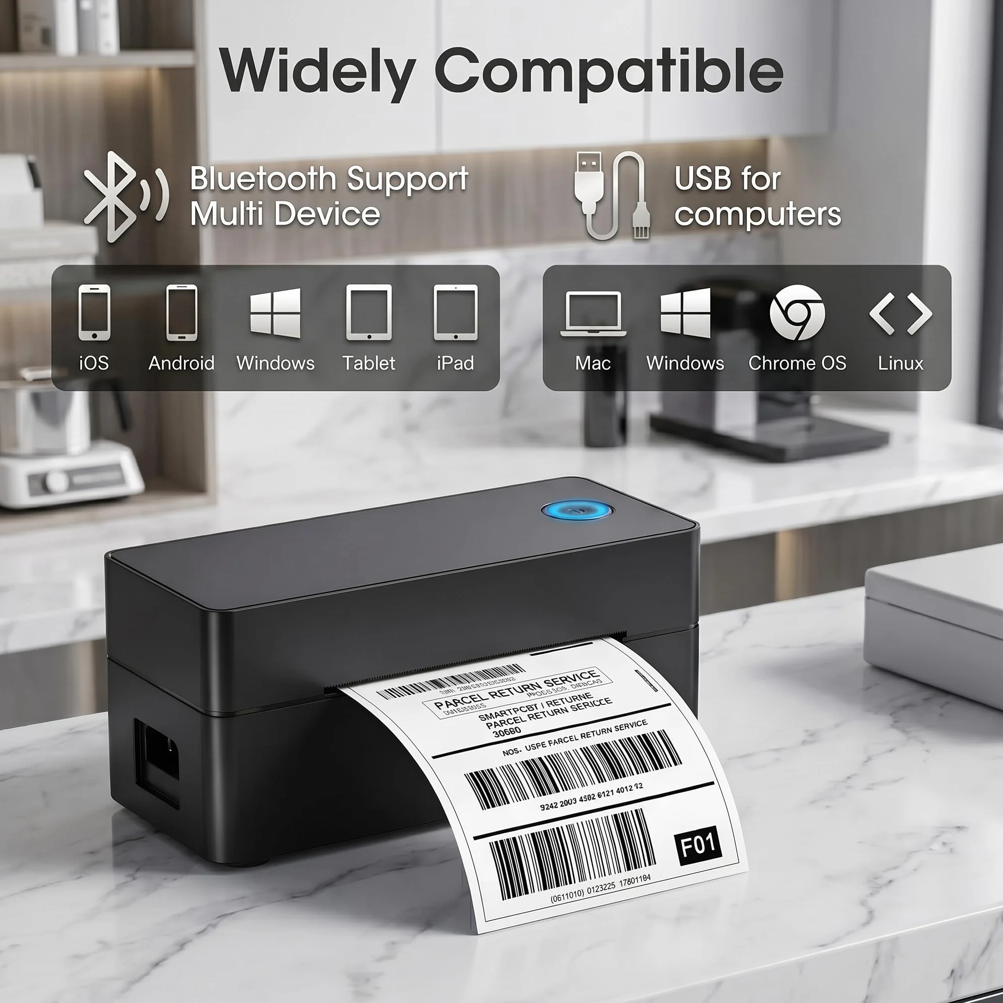 Drukarka etykiet Bluetooth 4x6 (100x150mm), termiczna drukarka do etykiet wysyłkowych DHL, Amazon FBA i Shopify, w zestawie: stojak, pendrive (sterownik) i 30 etykiet, kompatybilna z iOS/Android