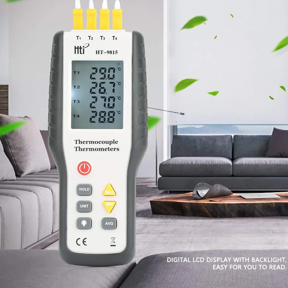 Termometr termoelektryczny 4-kanałowy typu K HT-9815 LCD do pomiaru temperatury zakres pomiarowy - 200°C do 1372°C