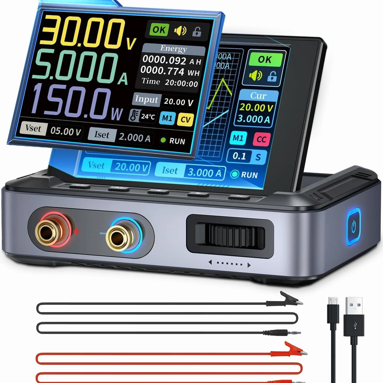 Programowalny zasilacz impulsowy,zmienny zasilacz DC regulacja od 30V 5A z 4-cyfrowym wyświetlaczem IPS fala mocy <20 mV PD/QC/DC programowalny zasilacz impulsowy z komputera