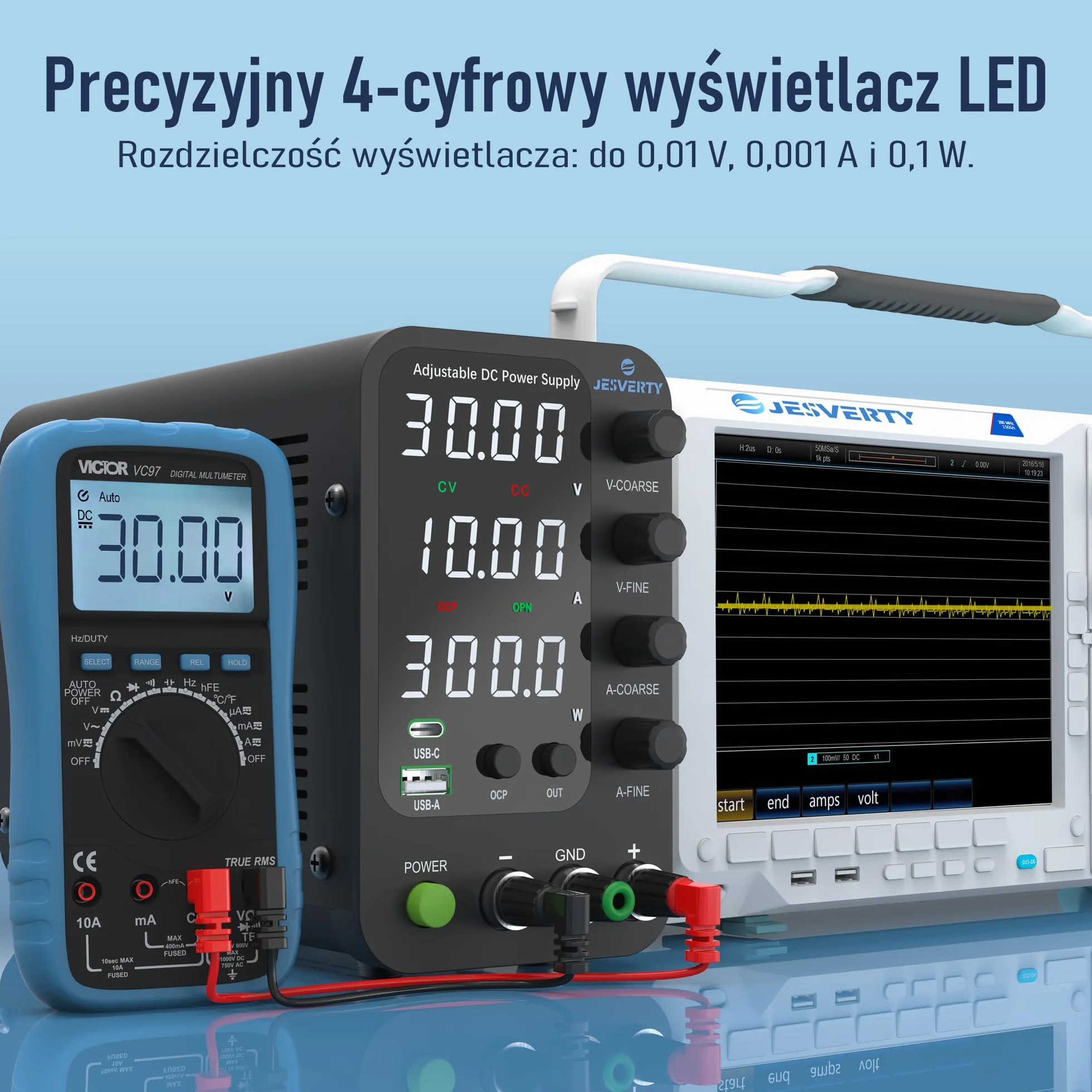 Zmienny zasilacz DC, 0-32V 0-10A Regulowany przełączany zasilacz stołowy z regulacją DC z szybkim ładowaniem USB i typem C, pokrętło enkodera, włącznik/wyłącznik wyjścia, 4-cyfrowy wyświetlacz LED