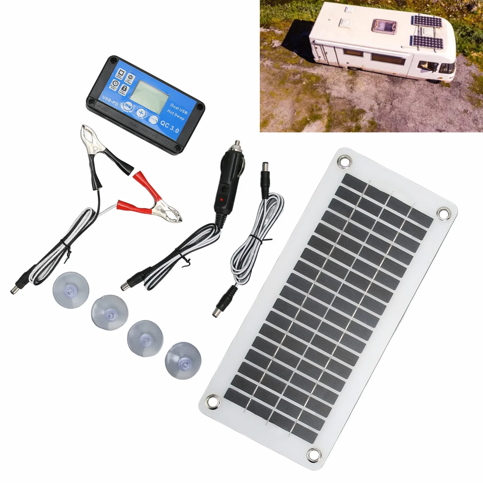 Zestaw paneli słonecznych 30 W, 12 V, przenośny moduł paneli słonecznych, odporne na warunki atmosferyczne, polikrystaliczne ogniwa słoneczne z kontrolerem, stała przyssawka do samochodu, statku, na