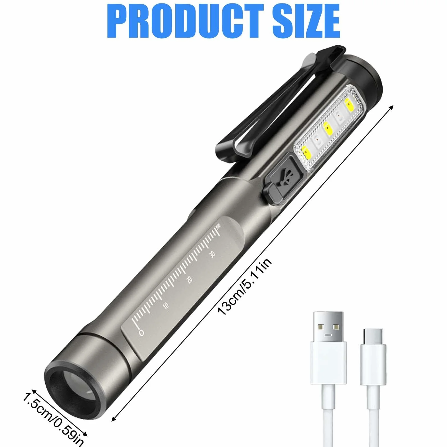 Lampa medyczna do źrenicy, lampa diagnostyczna ze światłami bocznymi, ładowana przez USB, lampa diagnostyczna na długopis, mała i przenośna latarka z kablem do transmisji danych, do wędrówek,