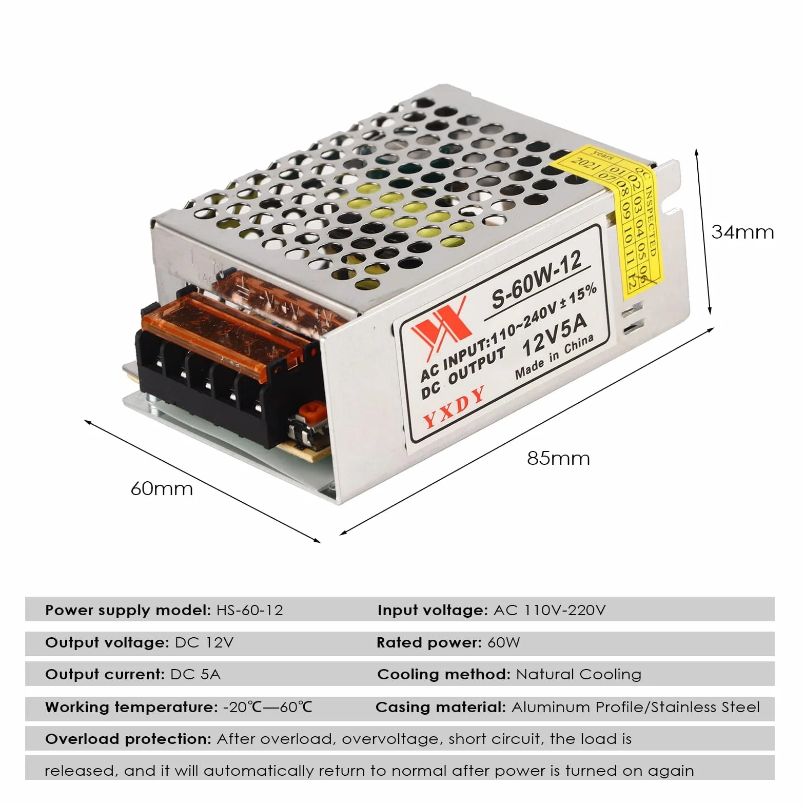 Zasilacz LED 12V 5A AC/DC 60W regulowany uniwersalny