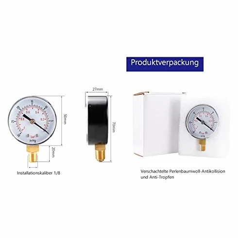 Manometr Próżniowy 1/8 Cala Bspt Z Przyłączem Podłogowym, Czujnik Zegarowy 50 Mm, Manometr 1-0Bar ​​-30-0Inhg Z Podwójną Skalą Do Pomiaru Powietrza, Wody, Oleju I Gazu