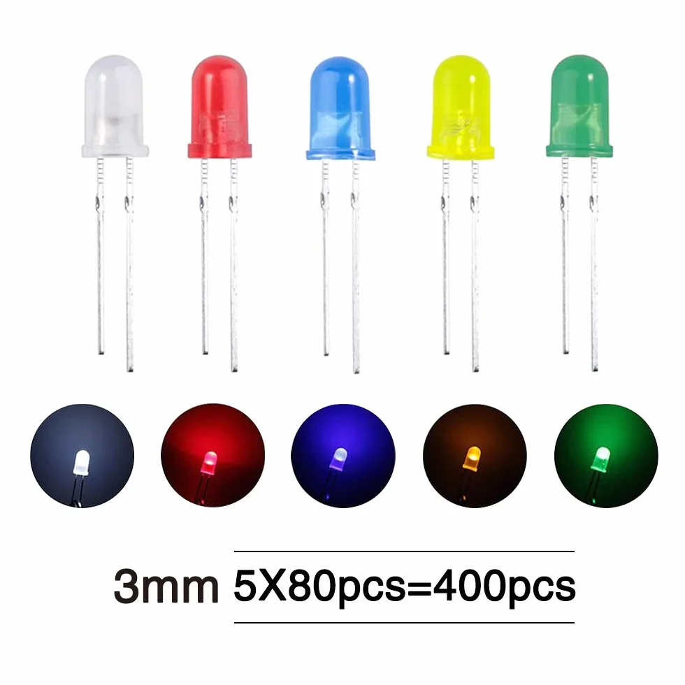 YIXISI 400 Sztuk 3mm zestaw diod LED, 2-pinowe diody elektroluminescencyjne, okrągła lampa LED, diody LED, zestaw rezystorów z różnymi kolorami diod, biały/zielony/czerwony/niebieski/żółty