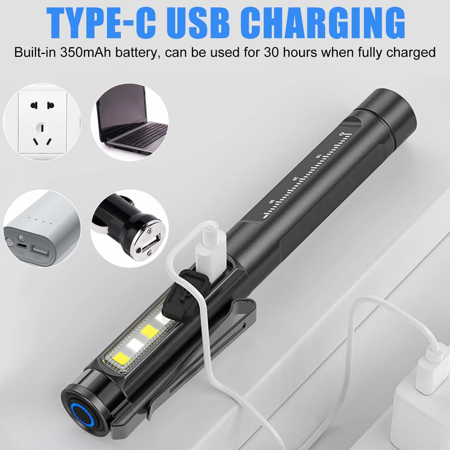 Lampa medyczna do źrenicy, lampa diagnostyczna ze światłami bocznymi, ładowana przez USB, lampa diagnostyczna na długopis, mała i przenośna latarka z kablem do transmisji danych, do wędrówek,