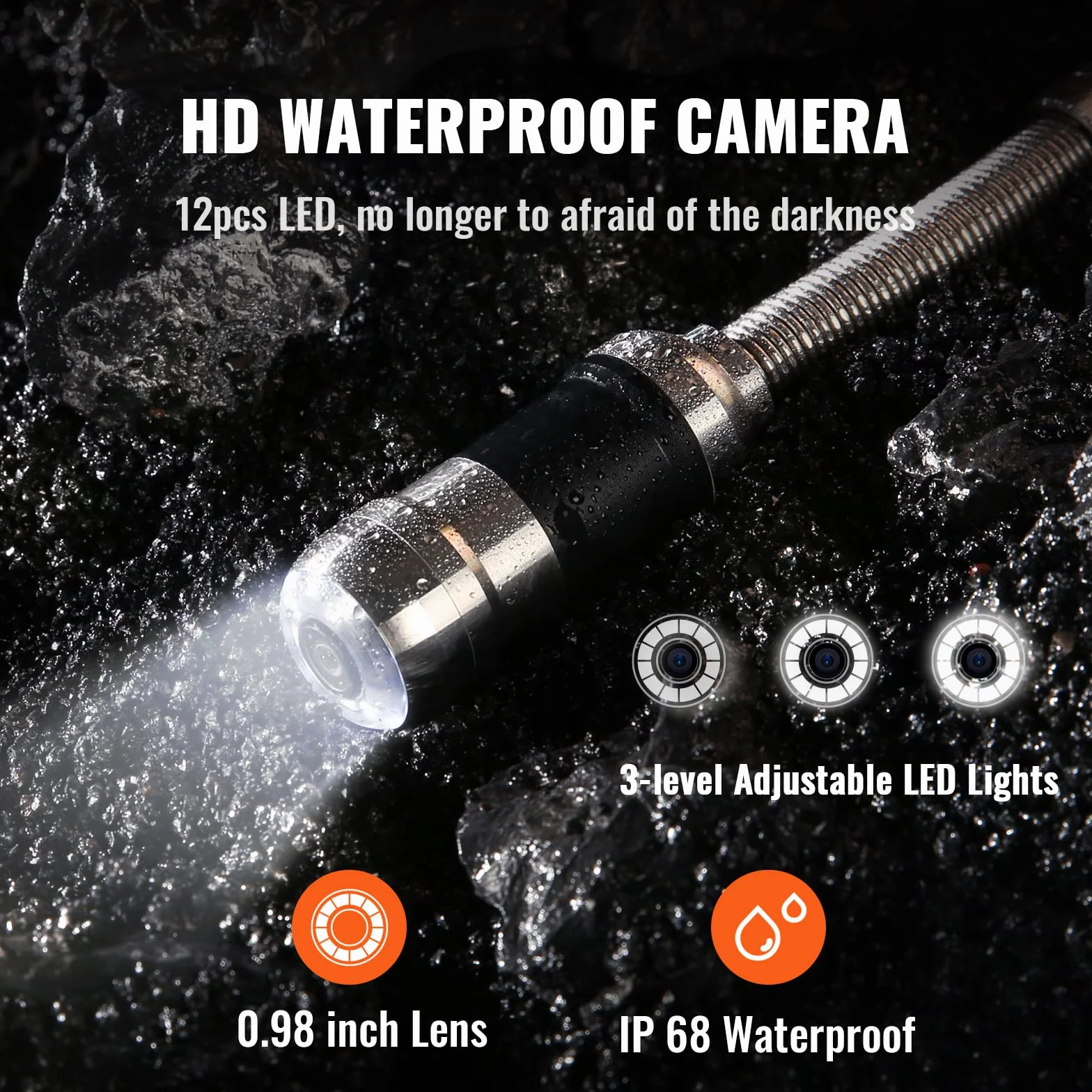 VEVOR Kamera inspekcyjna 30 m 7'' Endoskop IP68 DVR 12 LED z kartą SD 16 GB