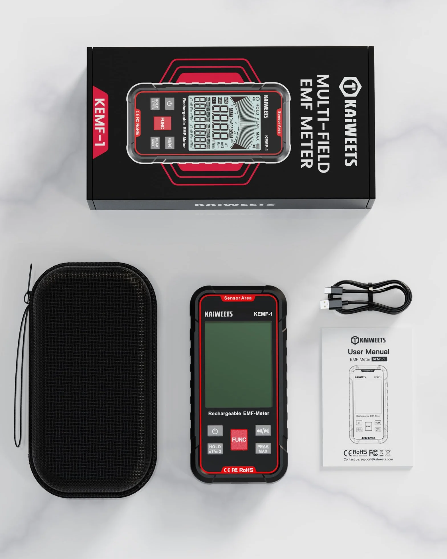 KAIWEETS miernik EMF z wyświetlaczem LED, EF/MF/RF, USB-C, przenośny