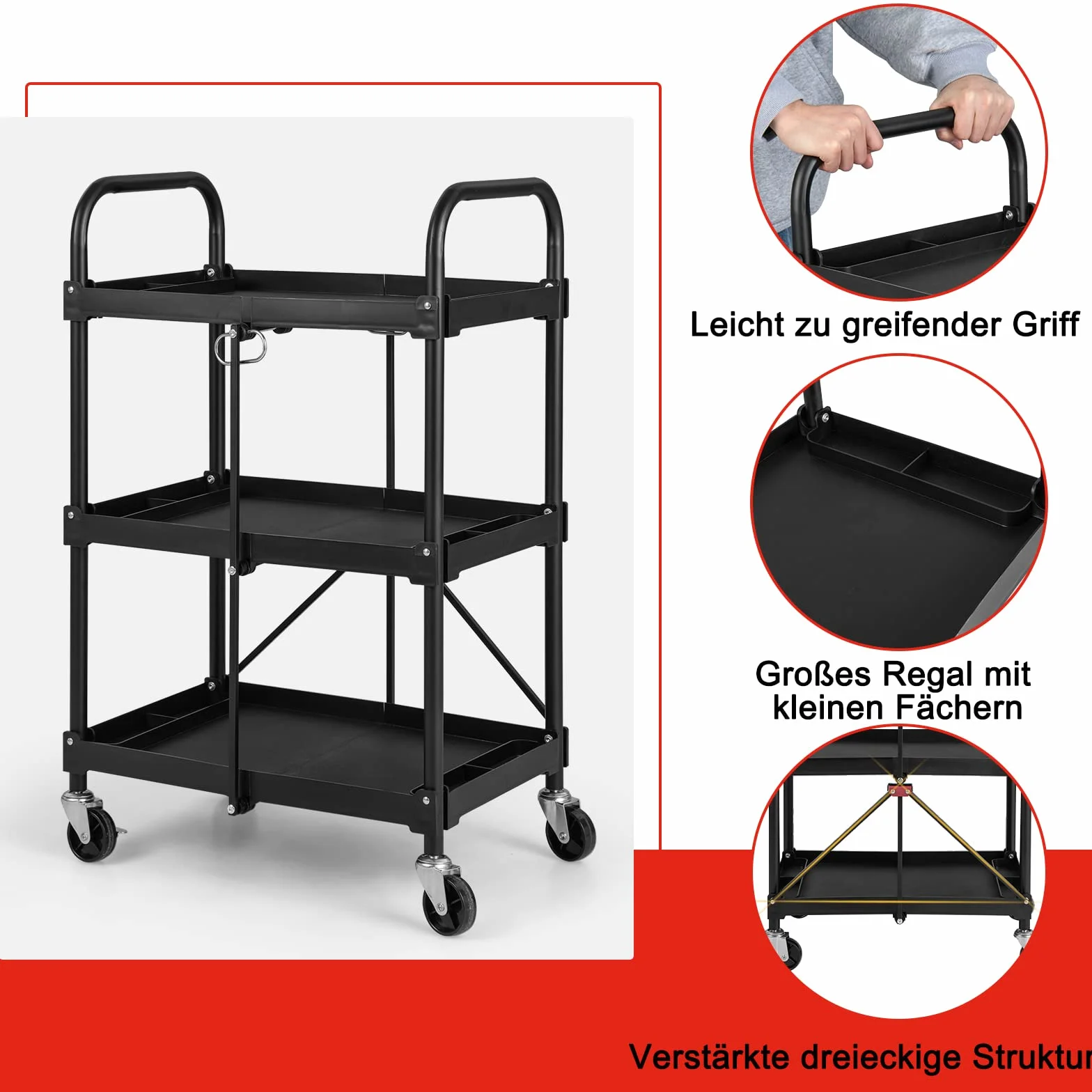 COSTWAY Wózek narzędziowy, 3 poziomy, składany wózek na kółkach, wózek wielofunkcyjny z poręczami, wózek warsztatowy, wózek serwisowy, do warsztatu, biura, domu, wózek montażowy, metalowy, czarny