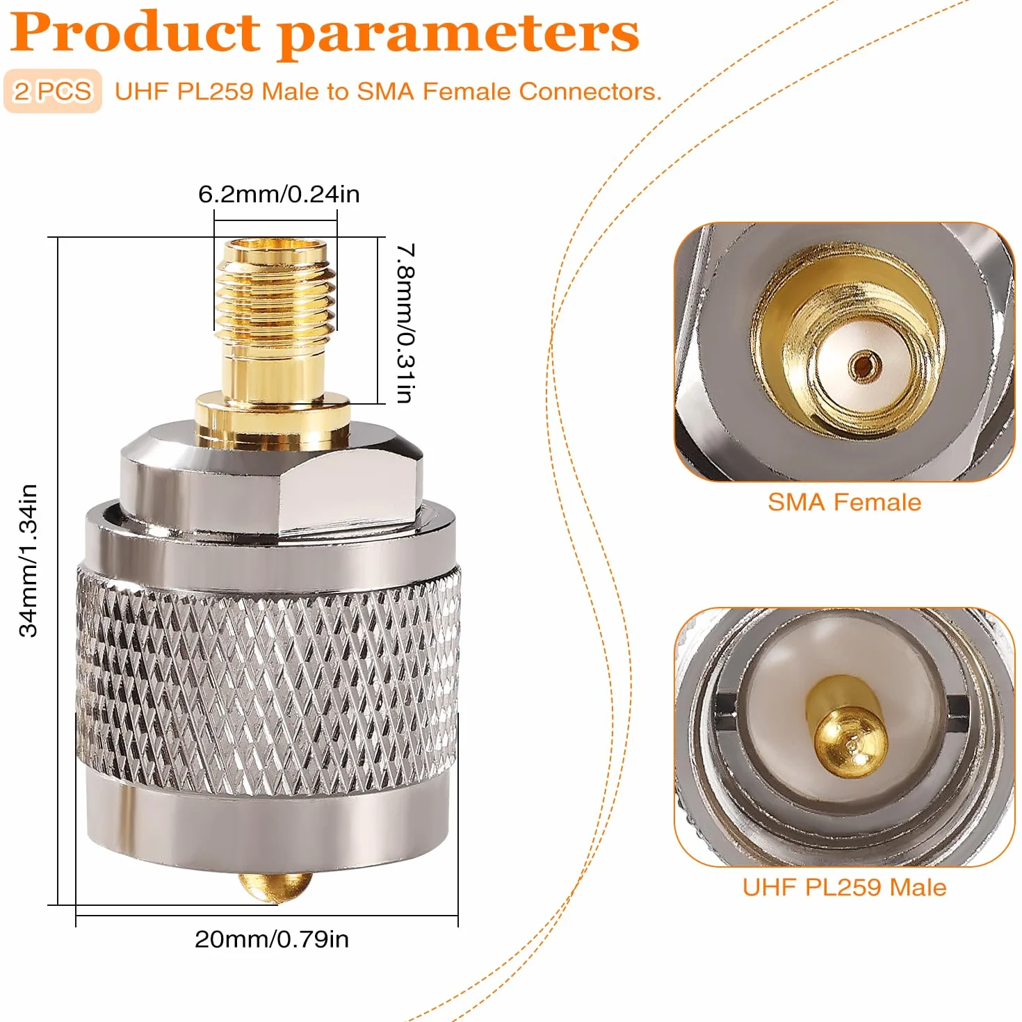 2 Sztuk Miedź UHF do SMA Adapter, UHF PL259 Męskie do SMA Żeńskie Złącze, do Anteny Radioamatorskiej, Anteny FPV