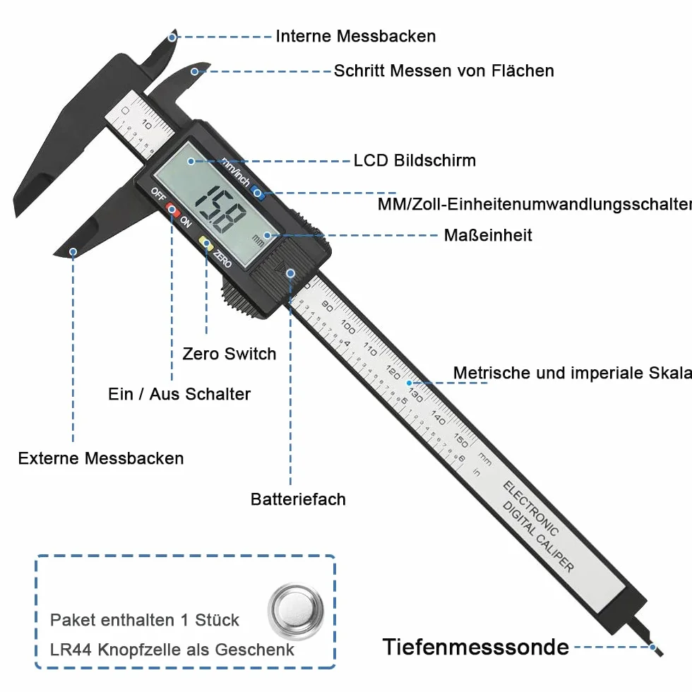 Mesee suwmiarka cyfrowa, precyzyjna suwmiarka, włókno węglowe 150 mm, wysoka precyzja, suwmiarka cyfrowa z wyświetlaczem LCD, elektroniczny miernik do precyzyjnych pomiarów