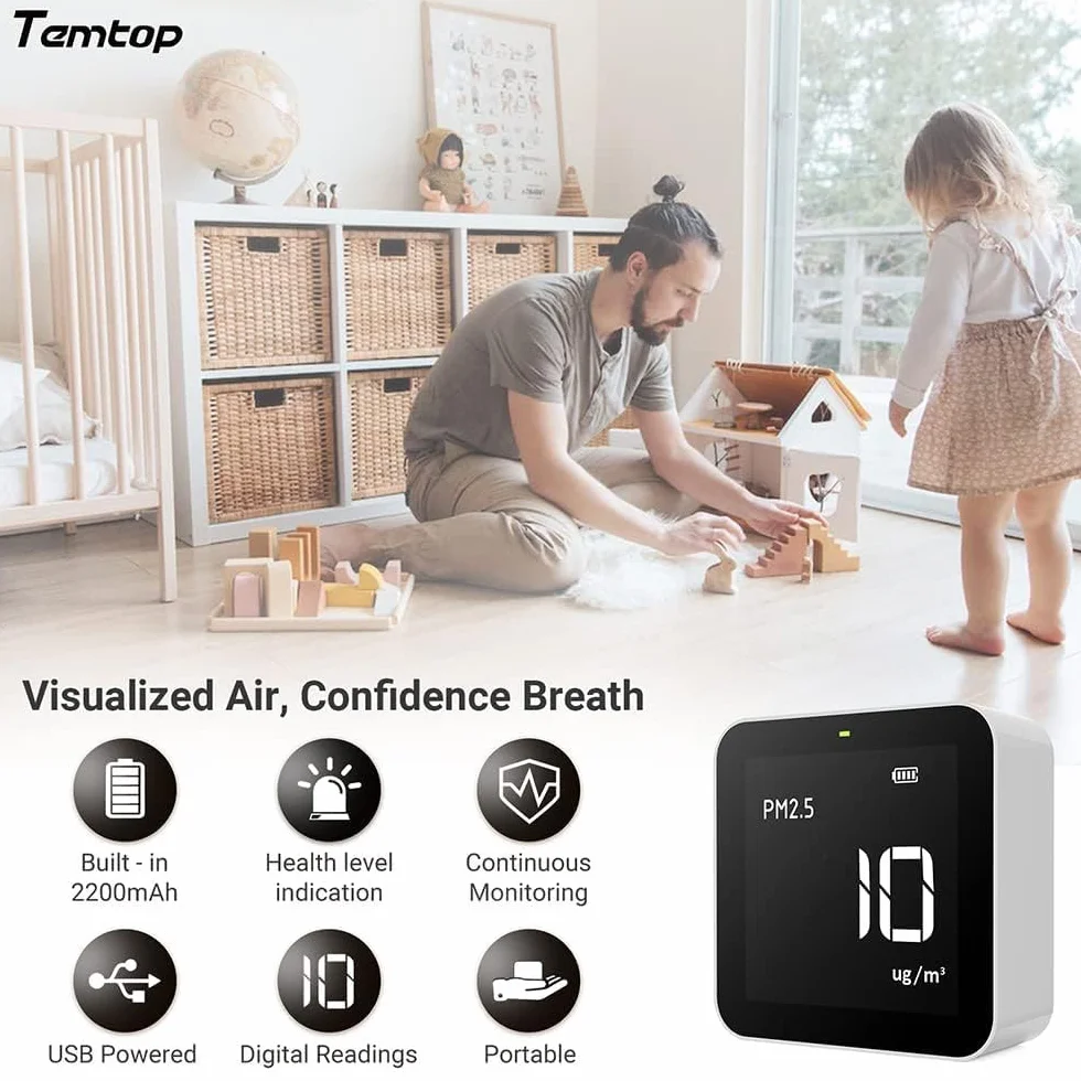 Temtop M10 Monitor Jakości Powietrza do PM2.5/HCHO/TVOC/AQI, przenośny inteligentny monitor, akumulator