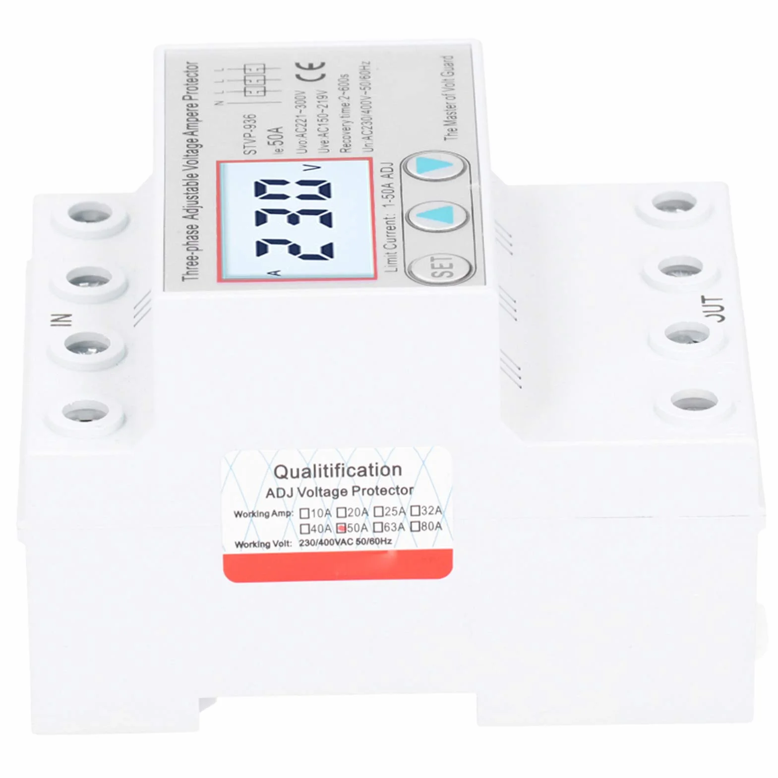 STVP936 Regulowane Zabezpieczenie Napięciowe, Wielofunkcyjny Wyświetlacz LCD, 3-fazowe Samoresetowanie, Przepięcie, Zabezpieczenie Podnapięciowe, Zabezpieczenie Nadprądowe, (50A)
