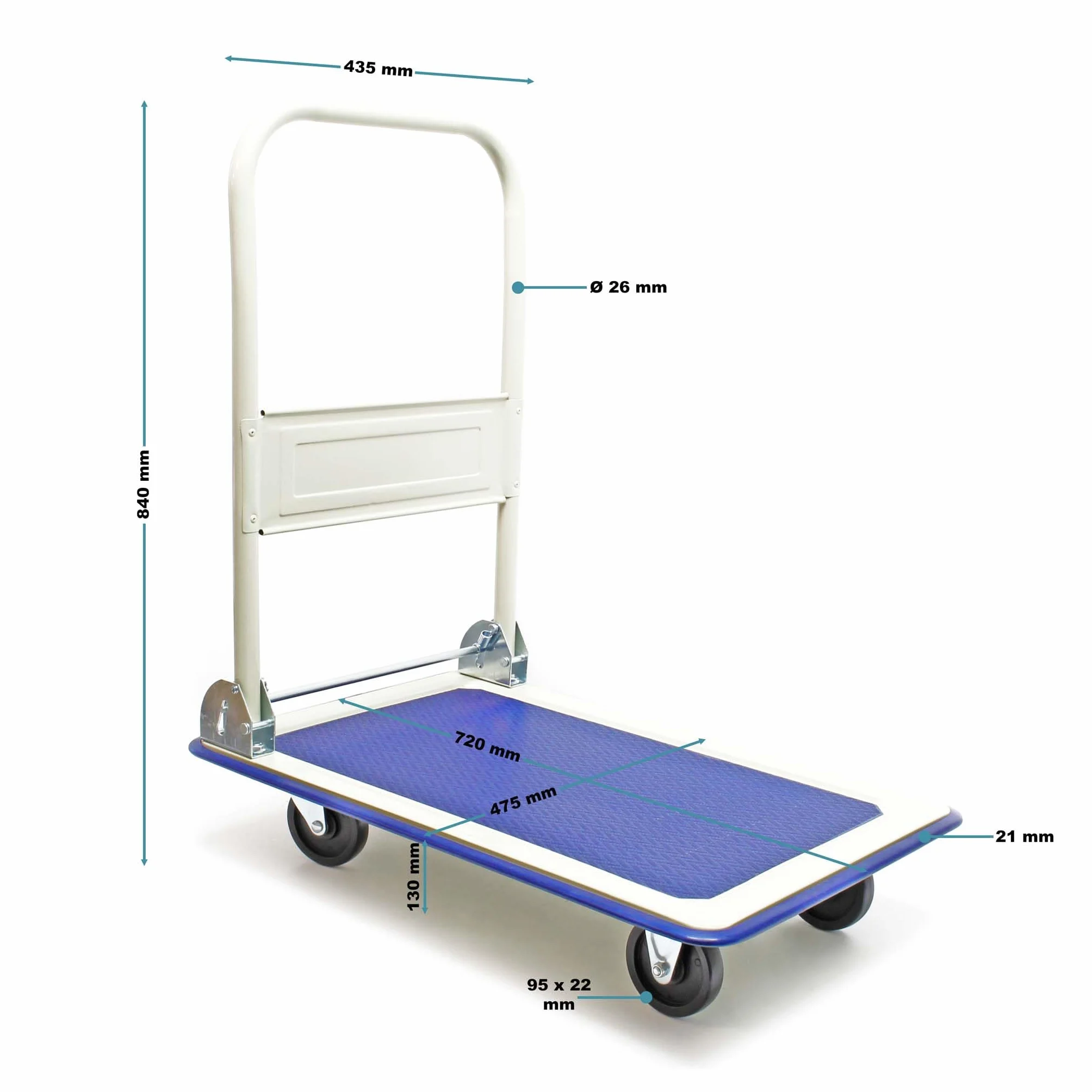 Wózek platformowy Wiltec do 150 kg 720x475x840 mm, składany wózek transportowy z uchwytem pałąkowym i powierzchnią ładunkową pokrytą gumą, pomoc w transporcie