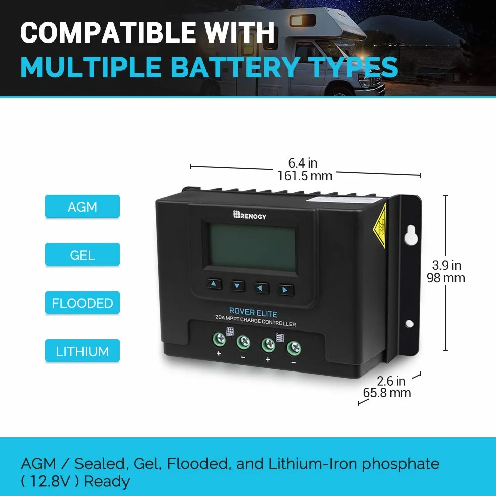 Renogy 20 A 12 V/24 V automatyczny regulator ładowania słonecznego MPPT z podświetlanym wyświetlaczem LCD z czujnikiem temperatury, pasuje do żelowych zalanych baterii i litowych, Rover Elite 20A