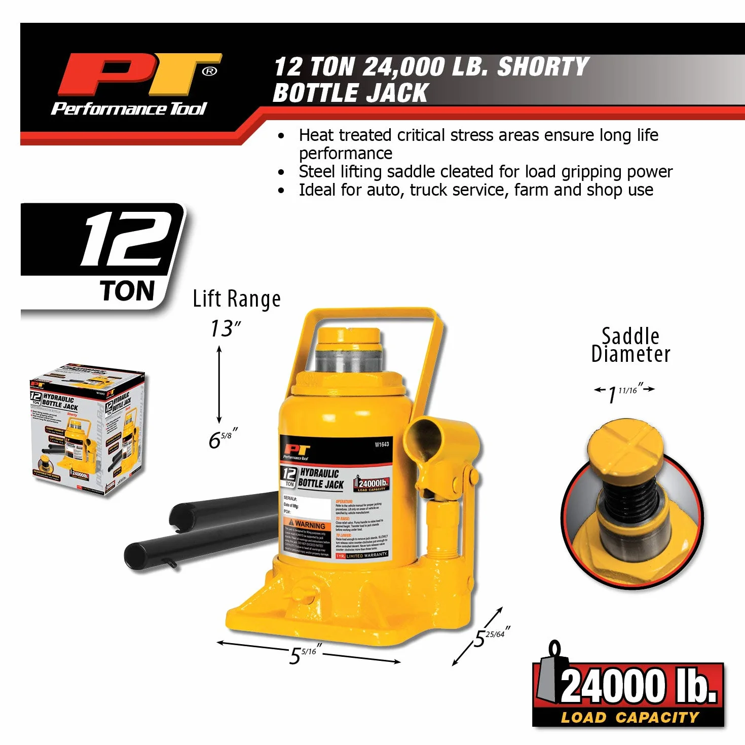 Performance Tool W1643 Heavy Duty Shorty Bottle Jack do konserwacji pojazdu, pojemność 12 ton (10,9 kg)