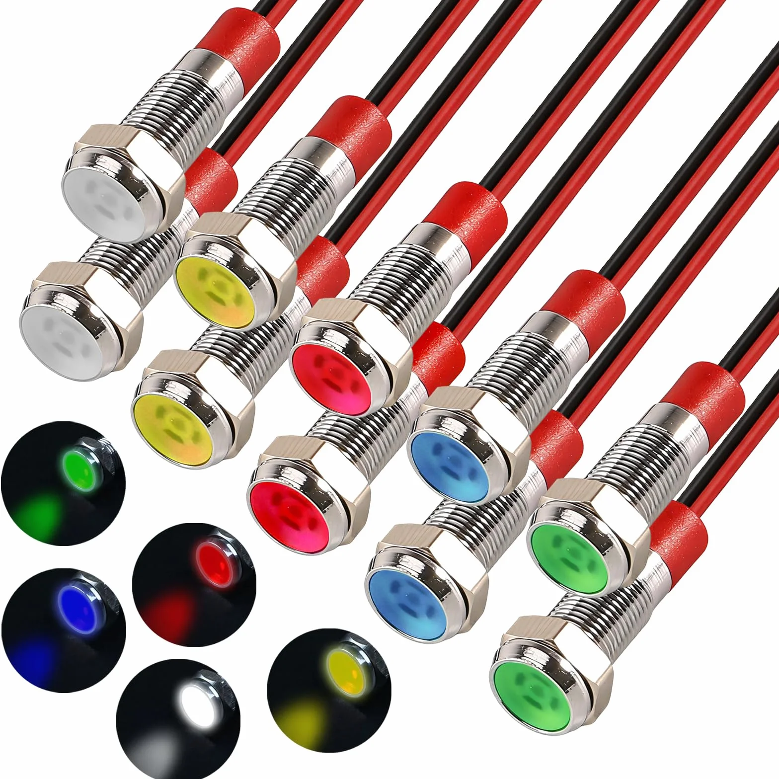 Joycabin 10 sztuk metalowych lamp LED 6 mm, wodoszczelna, AC 12-24 V, zestaw lampek kontrolnych LED do motocykli, samochodów dostawczych, łodzi, samochodów (po 2 sztuki, kolor żółty, zielony
