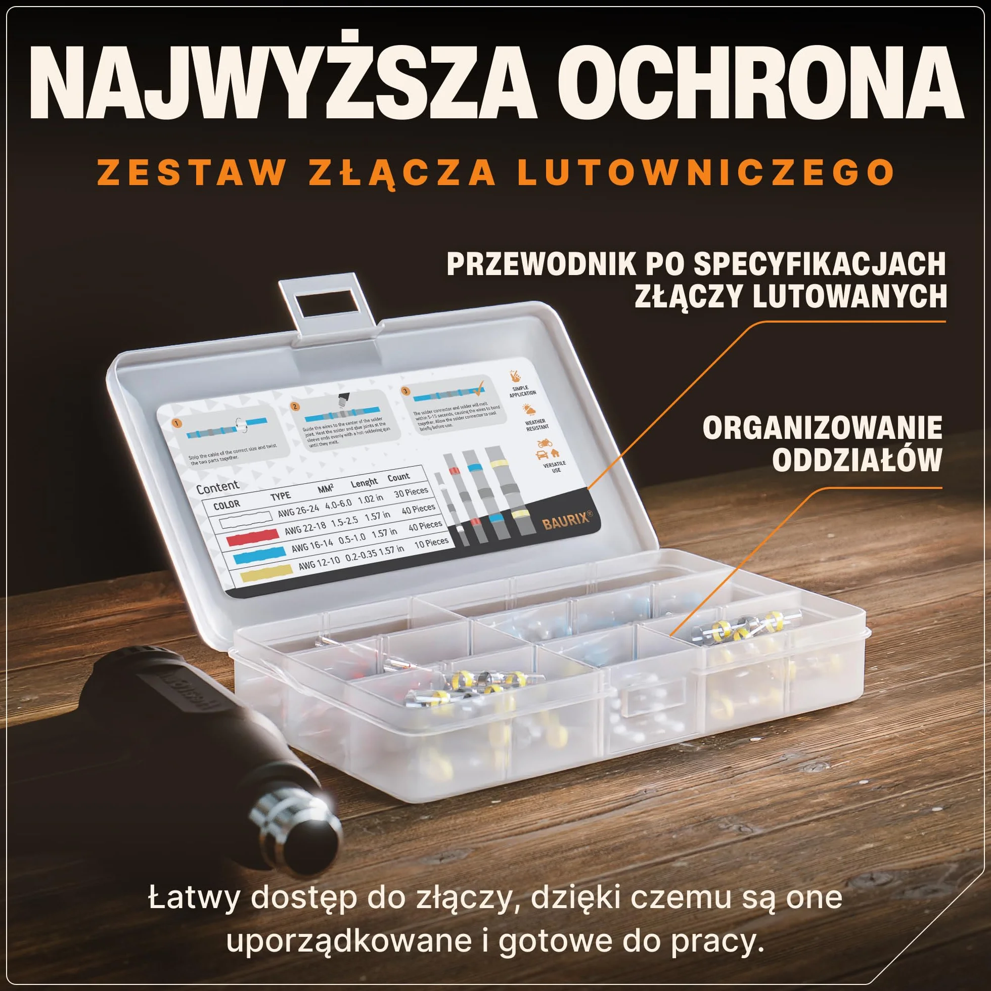 BAURIX® Zestaw Wodoodpornych Złączy Lutowniczych [120 Szt.] - IP67 - Termokurczliwe Do Połączeń Kablowych - Elektryczne