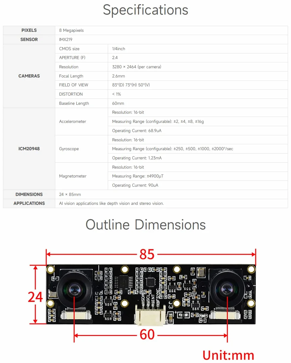 Waveshare IMX219-83 Stereo Camera 8MP Binocular Module for Jetson Nano B01 Raspberry Pi CM3/CM3+