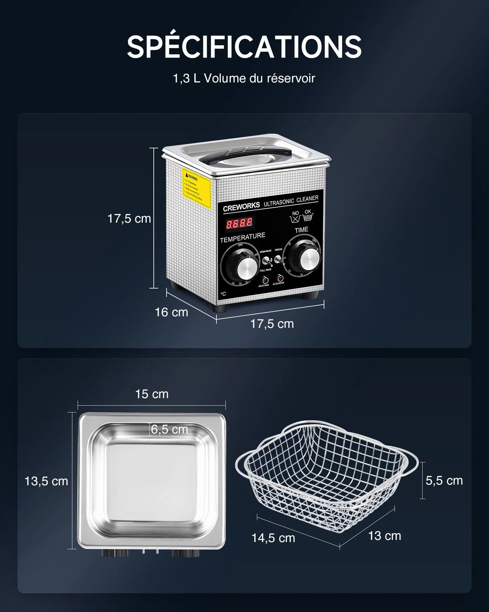 CREWORKS myjka ultradźwiękowa 1L 60W 100W timer 1-30 min z ogrzewaniem