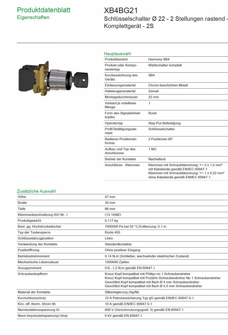 Schneider XB4BG21 przełącznik kluczykowy, 2 pozycje, 1S, rastrowy, zamek 455