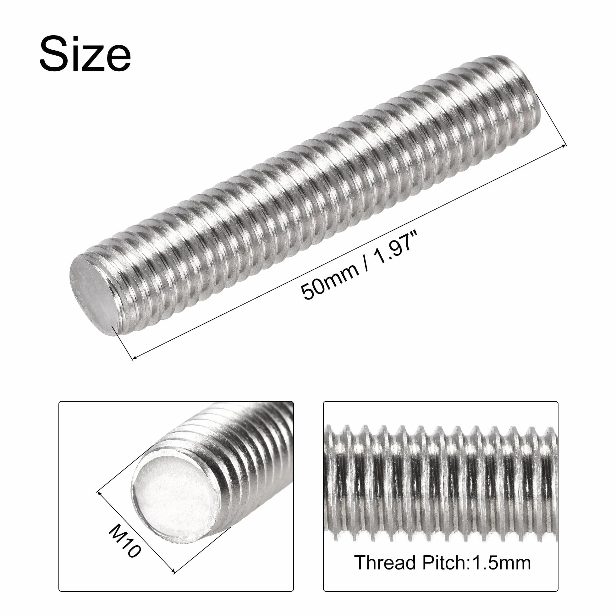 sourcing map 10 sztuk M10 x 50 mm pełny gwintowany pręt 304 stal szlachetna gwint prawy, M10-1,5 skok gwintu