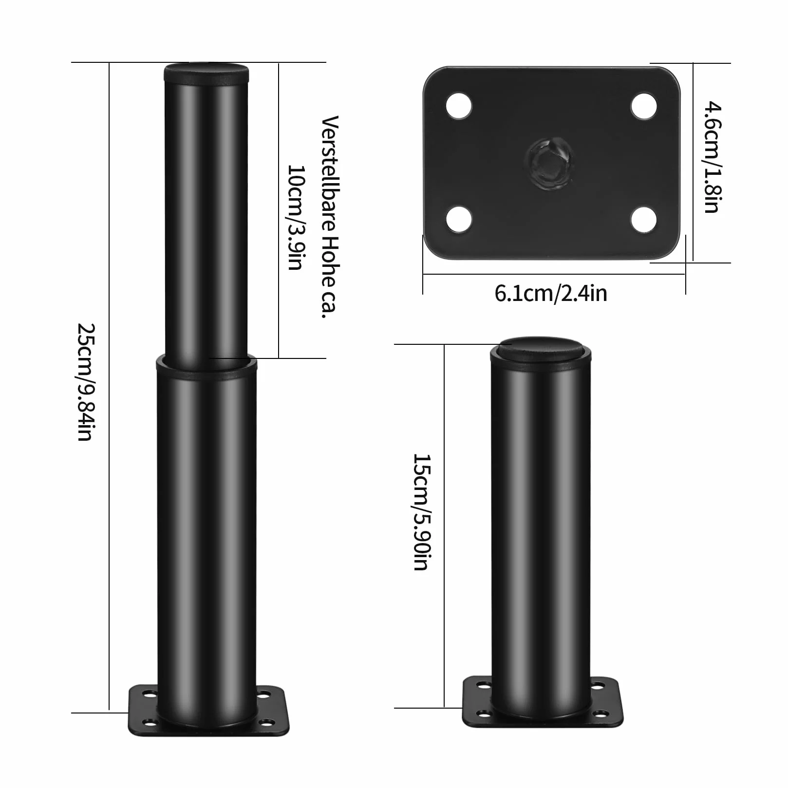 Czarne nóżki do regulowanych meblowych nóg 15-25 cm