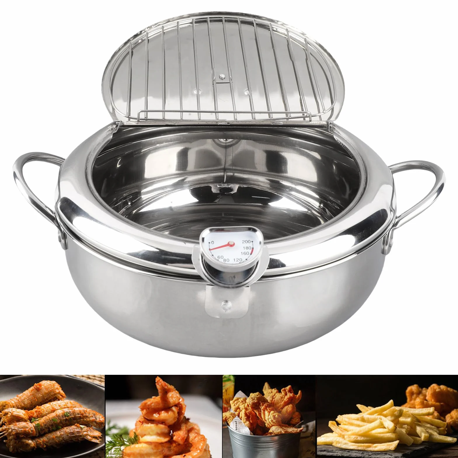 Garnek do Frytownicy ze Stali Nierdzewnej 24 cm z Termometrem i Ociekaczem Oleju Stojak na Frytki