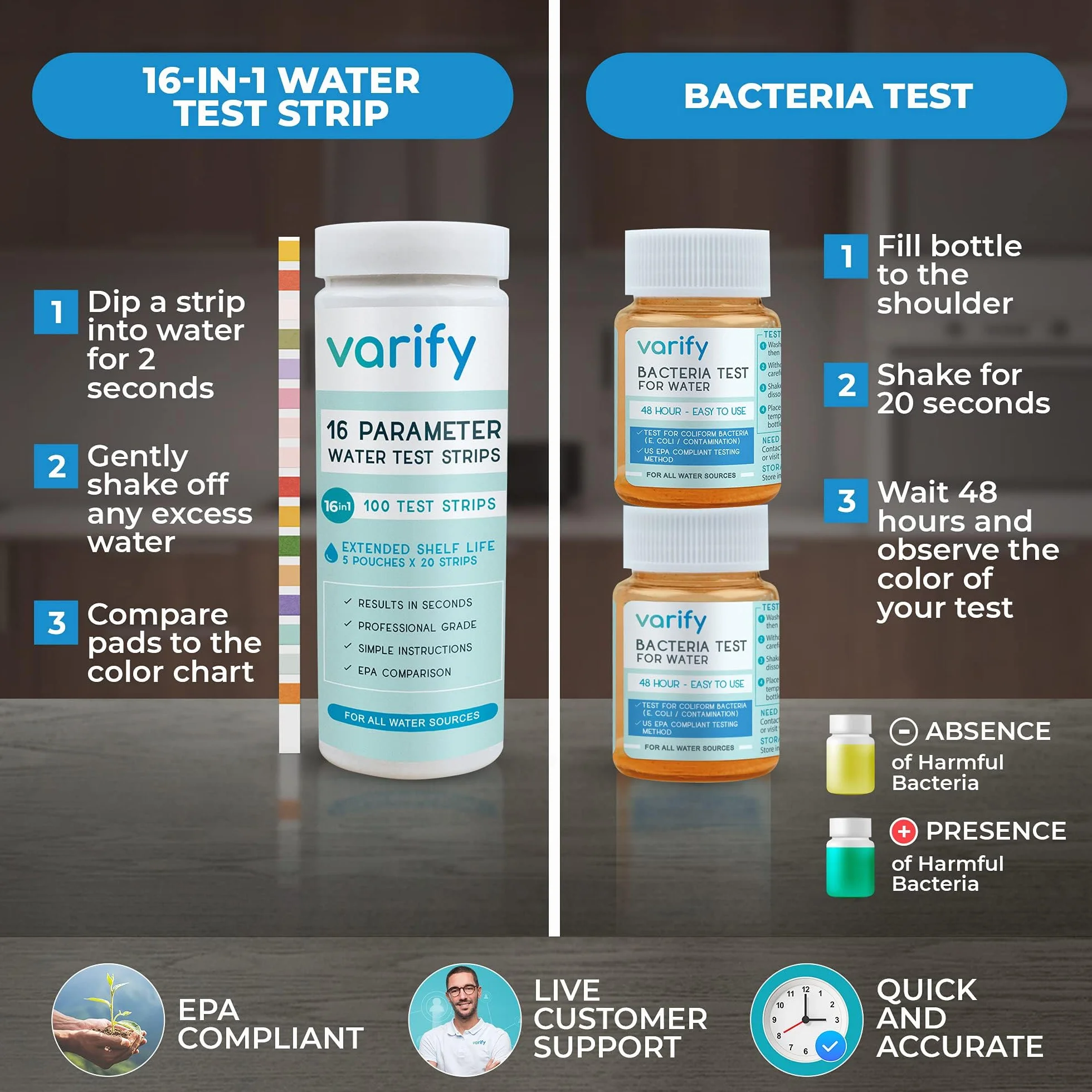 Zestaw do testowania wody 17 w 1 – 100 pasków + 2 testy Bacteria - Home Water Quality Test - Well and Tap Water - Easy Testing for Lead, Bacteria, Hardness, Fluoride, PH, Iron, Copper and More!