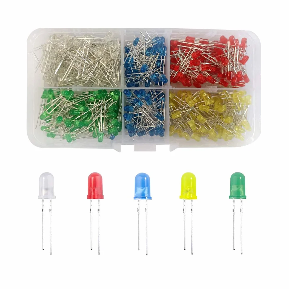 YIXISI 400 Sztuk 3mm zestaw diod LED, 2-pinowe diody elektroluminescencyjne, okrągła lampa LED, diody LED, zestaw rezystorów z różnymi kolorami diod, biały/zielony/czerwony/niebieski/żółty