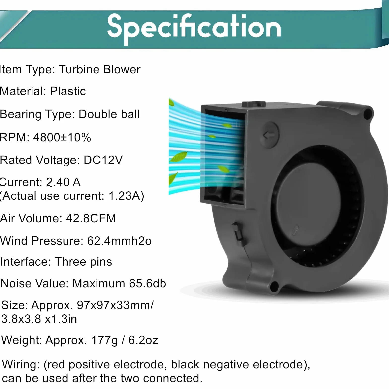 Duokon Wentylator 12 V 2,4 A, drukarka 3D, 12 V, turbina, łożysko hydrauliczne, bezszczotkowe chłodzenie, dwupulowa dmuchawa turbo, 97 mm x 33 mm, 3-pinowy
