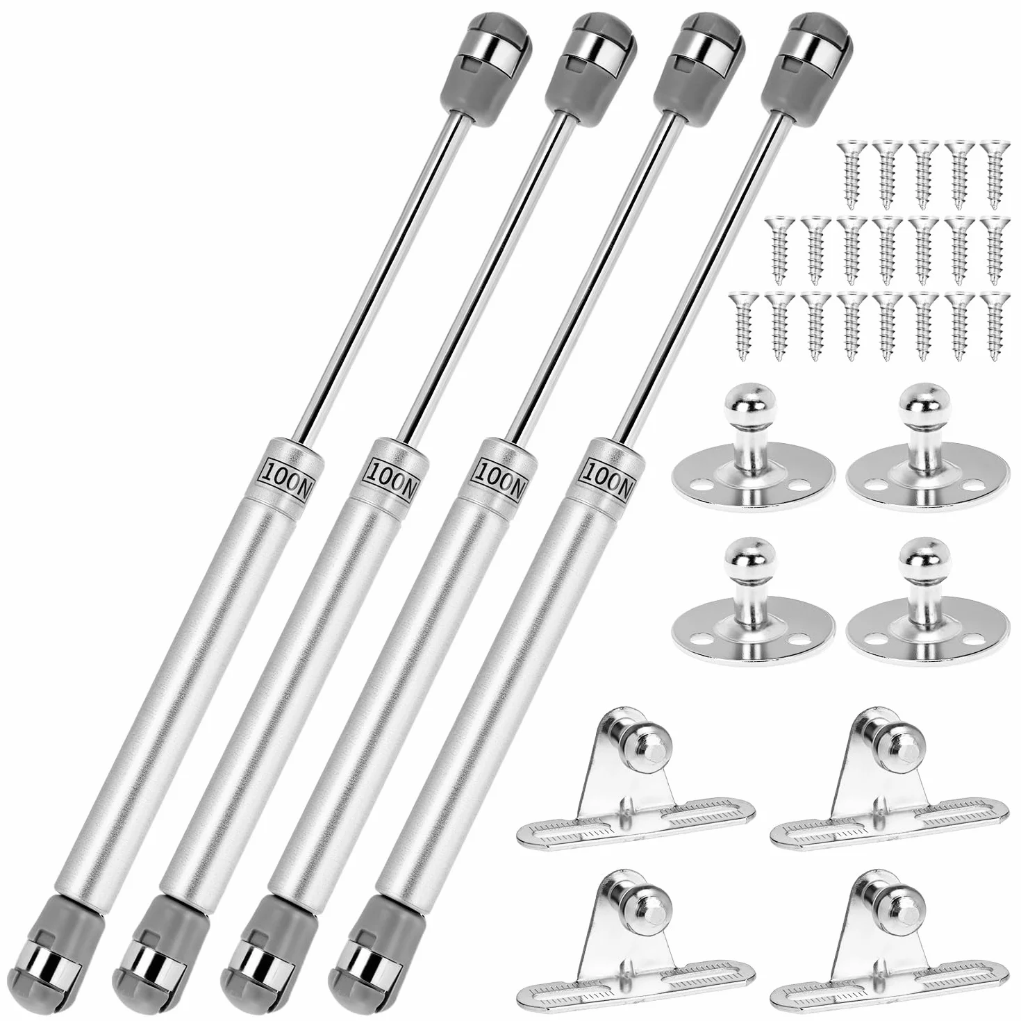 QWORK® Zestaw 4 sprężyn gazowych, 100 N/10 kg, srebrne zawiasy amortyzatora gazowego, do drzwi szafek kuchennych
