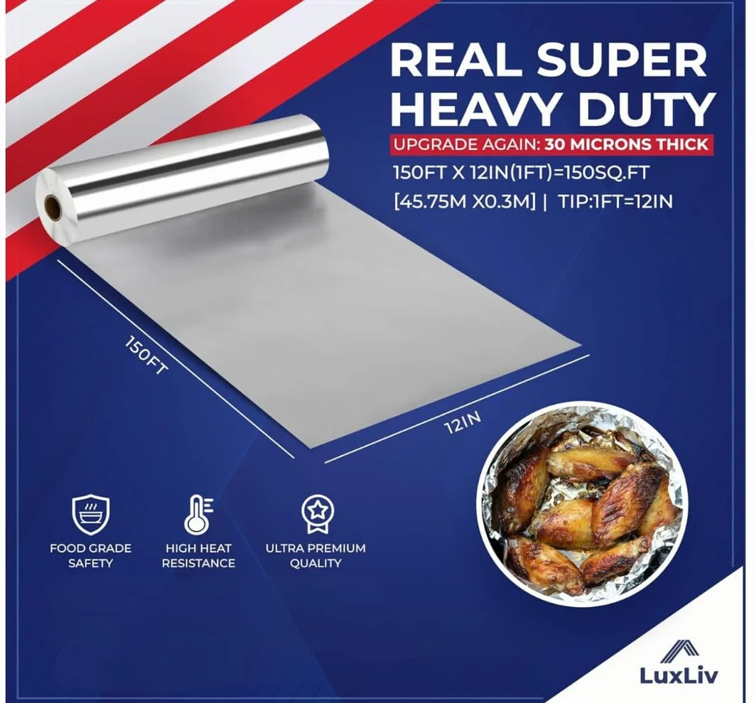 BBQ 30 mikronów aluminiowa wytrzymała folia blaszana rolka – 30 cm szerokości x 30 stóp długości, 150 m2 – klasa grillowania i bardzo gruba, wystarczająco mocna dla przemysłu gastronomicznego z nożem