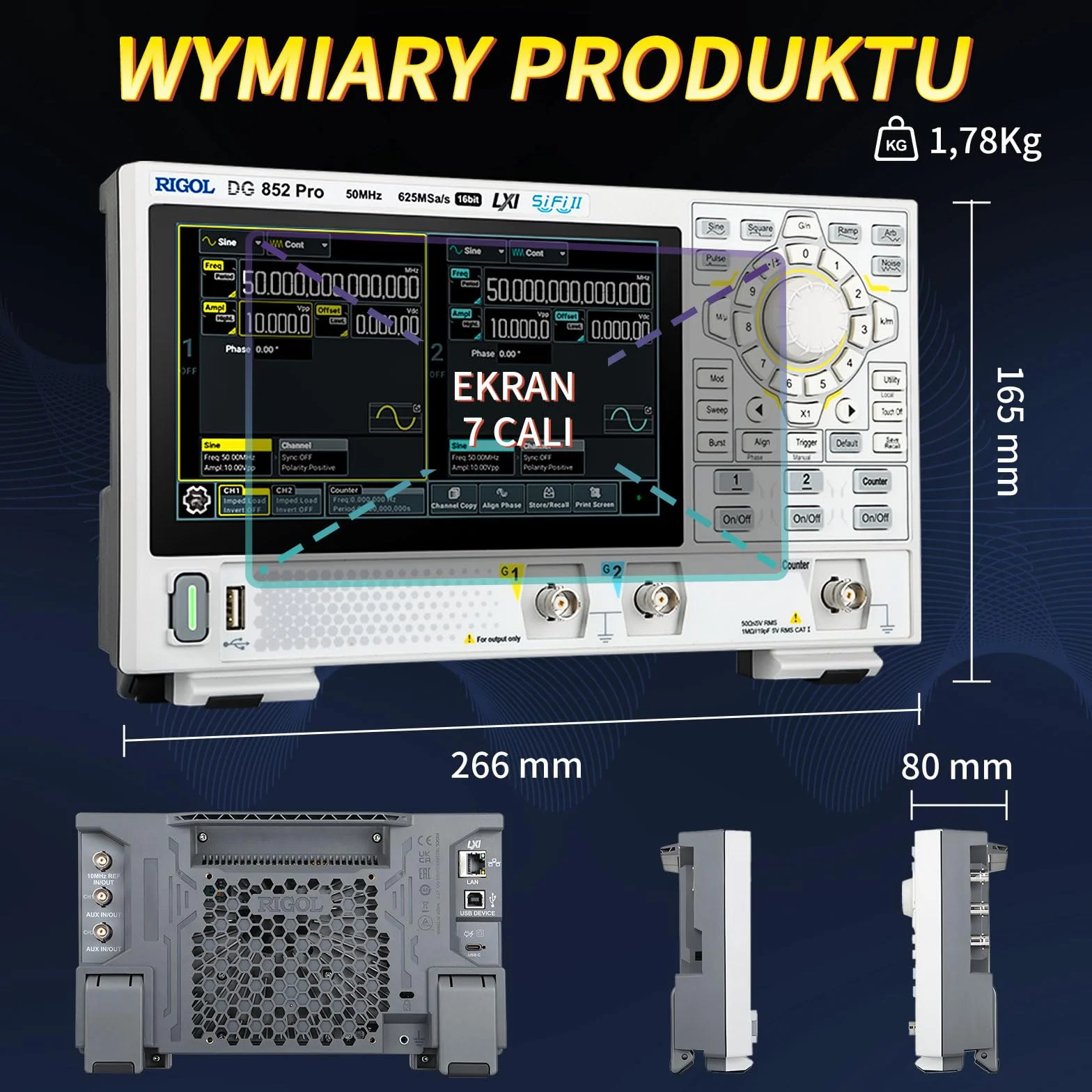 RIGOL DG852 Pro Generator Funkcji/Fal Arbitrarnych, 50 MHz, 625 Msa/s, 16 bitów, 2 Kanały