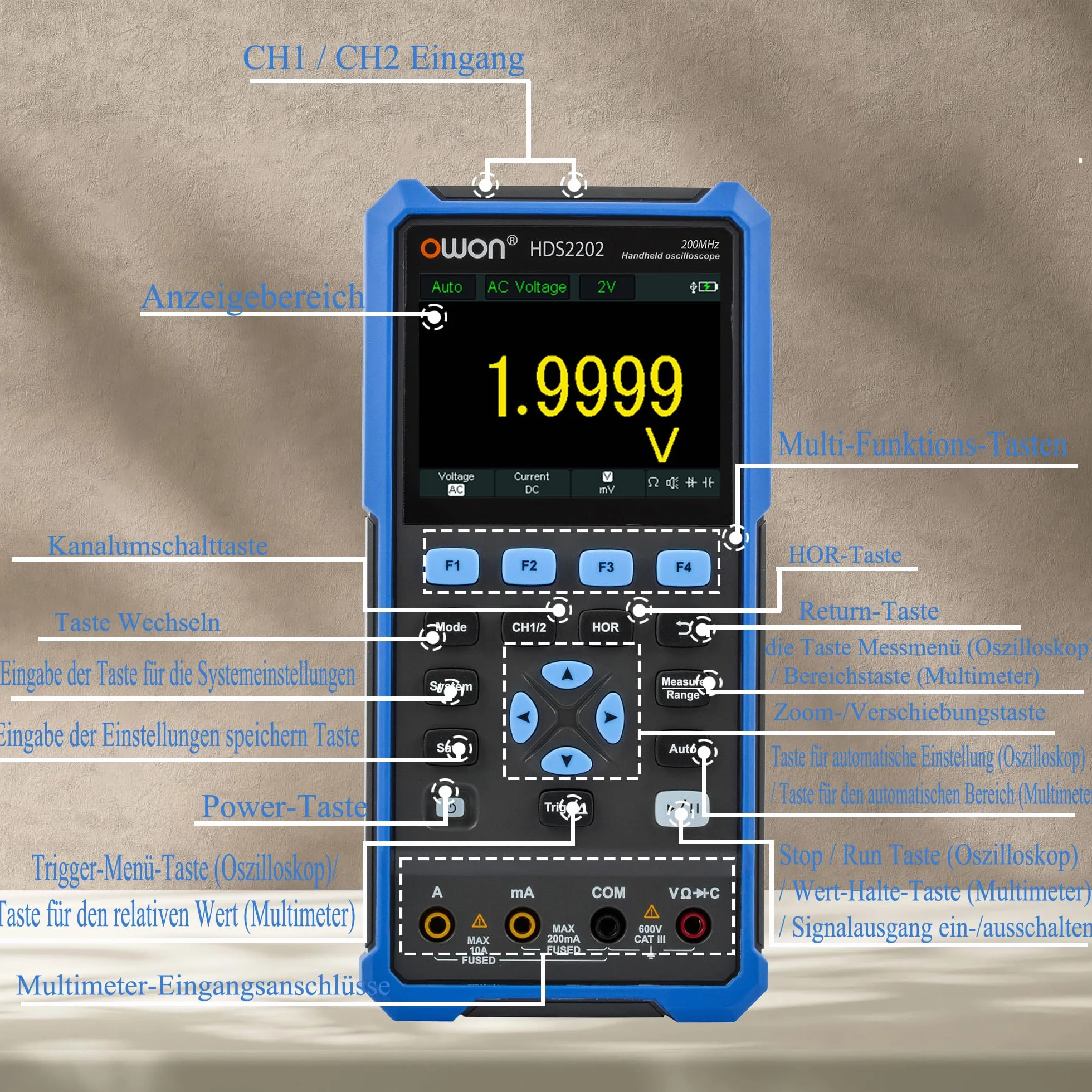 OWON HDS2202 oscyloskop 2 w 1 200 MHz 1 GSa/s dwa kanały 3,5 cala LCD