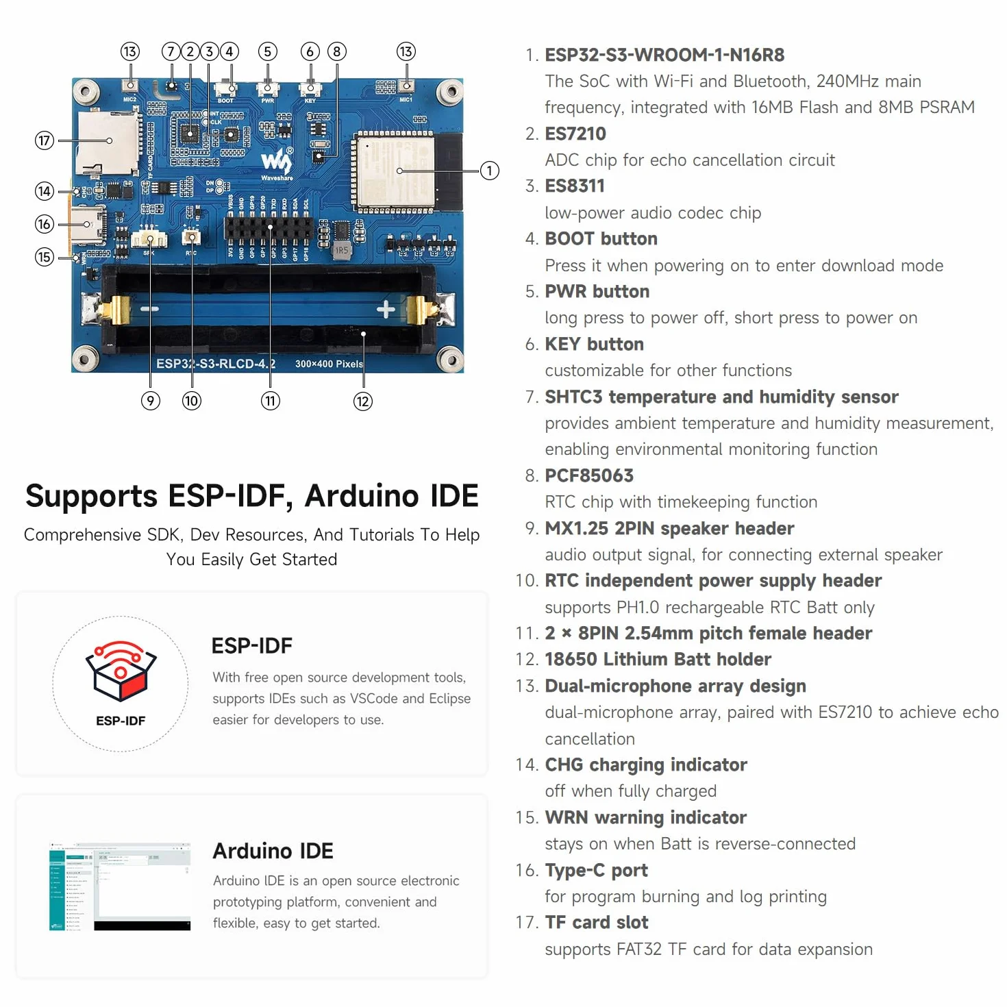 Waveshare ESP32-S3 4.2inch RLCD Development Board 300x400 Resolution Wi-Fi BLE AI Voice Interaction