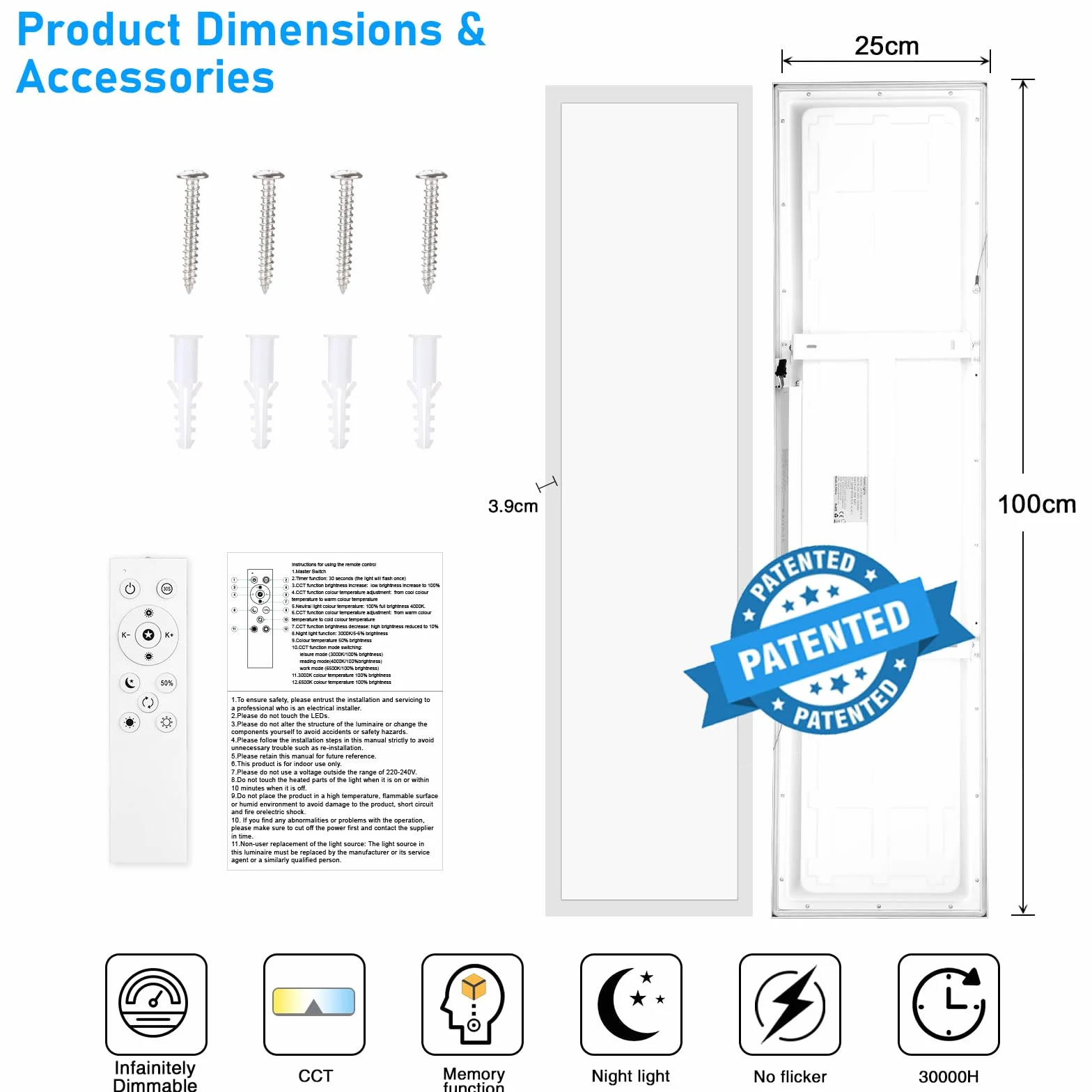 Oraymin Lampa sufitowa LED panel 100x25 cm 30W 3300 lm CCT ściemniana 3000-6500 K