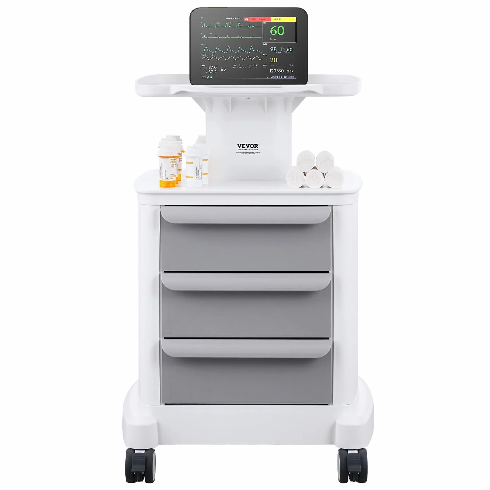 VEVOR Wózek laboratoryjny z 4 poziomami, mobilny wózek medyczny z 3 szufladami i 1 górną półką, wózek pielęgnacyjny z materiałem ABS, 4 ciche koła, do laboratorium, kliniki, szpitala, salonu