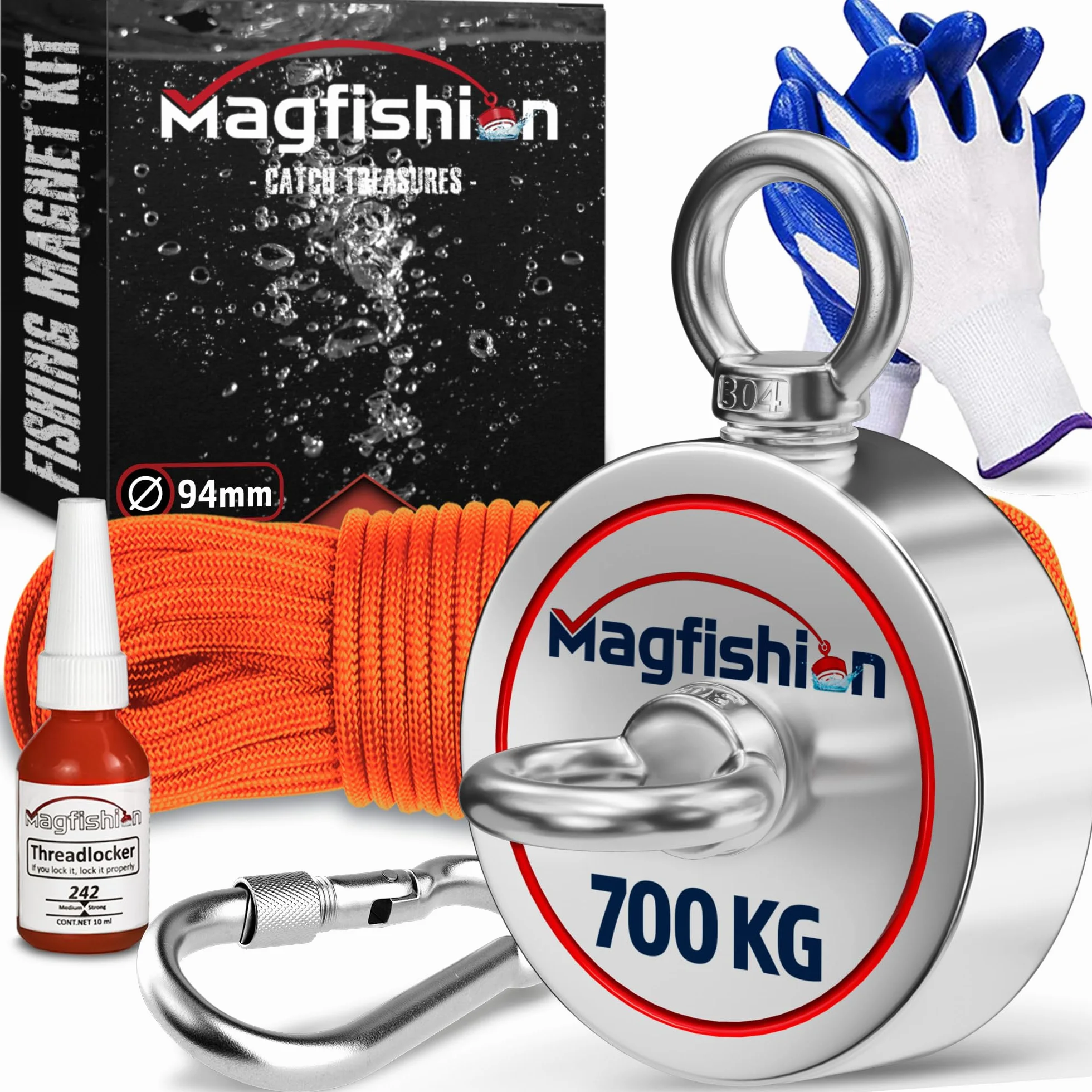 MAGFISHION Dwustronny Zestaw do Magnetycznego Wędkarstwa - Siła Przyciągania 700KG (2x 350kg) - Ø94mm - Magnes Neodymowy - Z Ciemnopomarańczową Liną (20M) & Rękawice - Magnes Ryba