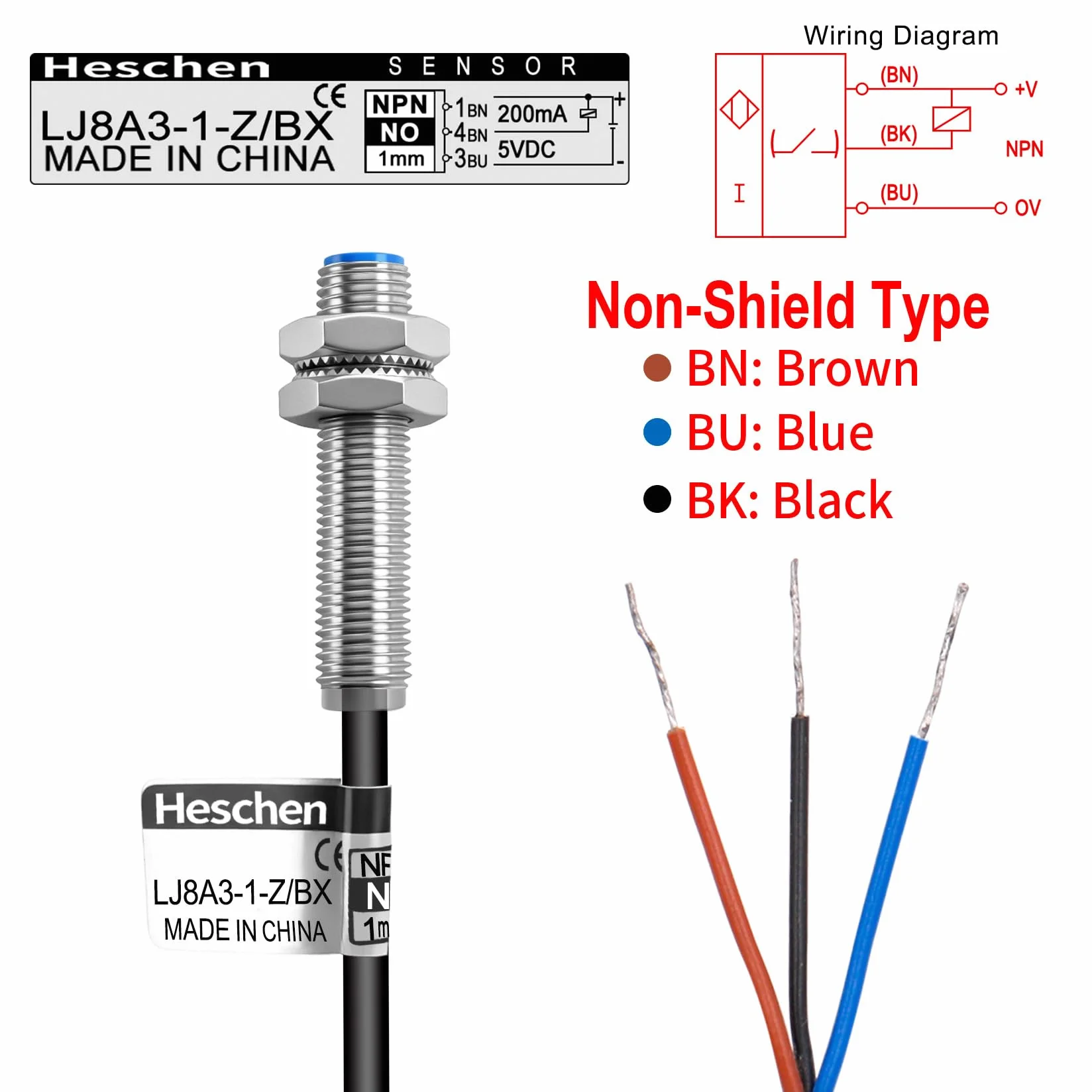 Heschen M8 Indukcyjny czujnik zbliżeniowy LJ8A3-1-Z/BX-DC5V 1mm 5VDC 200mA NPN NO 3-przewodowy