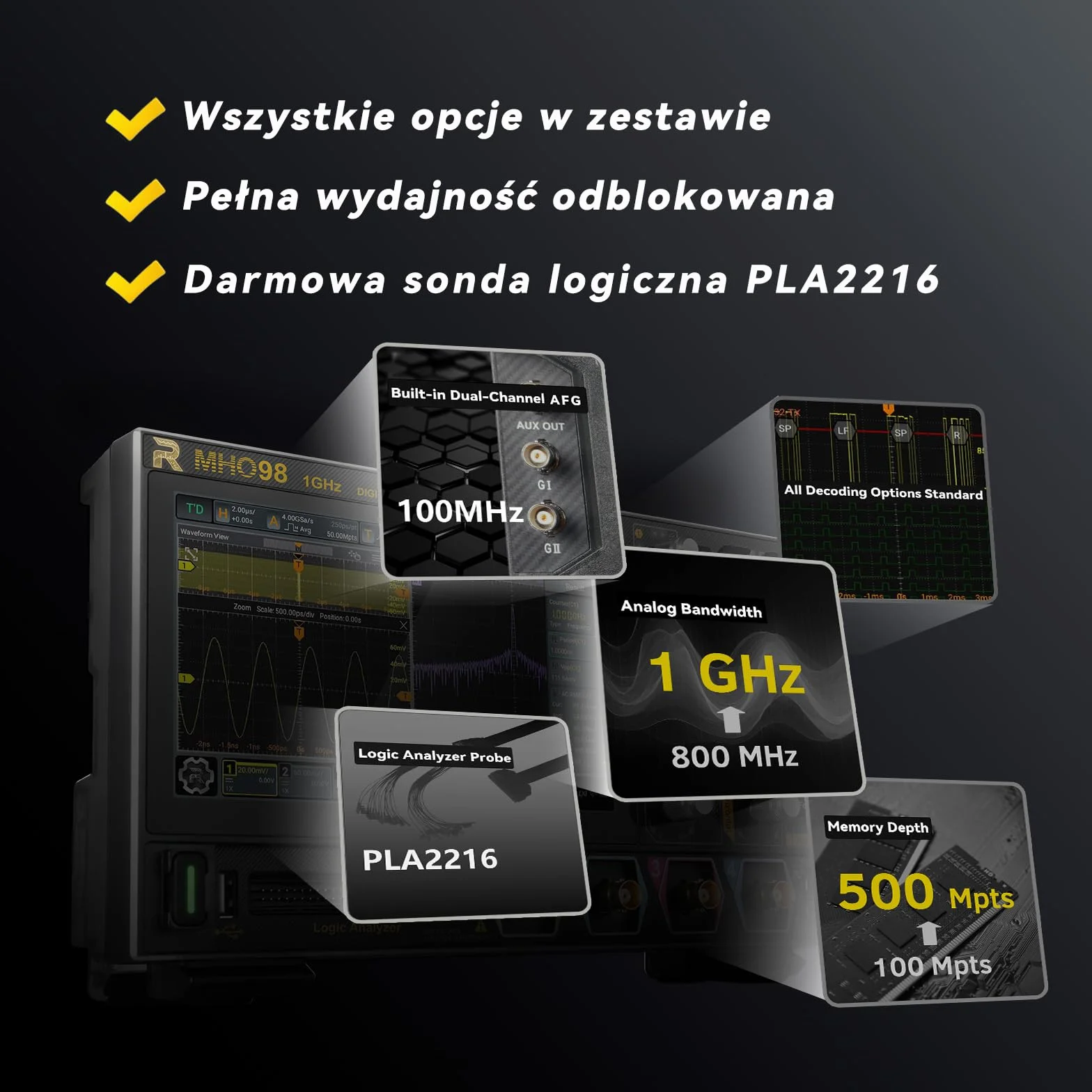 RIGOL MHO98 Oscyloskop Cyfrowy 1GHz 4GSa/s 12-bit 4+16 Kan. AFG Wi-Fi Bluetooth Type-C
