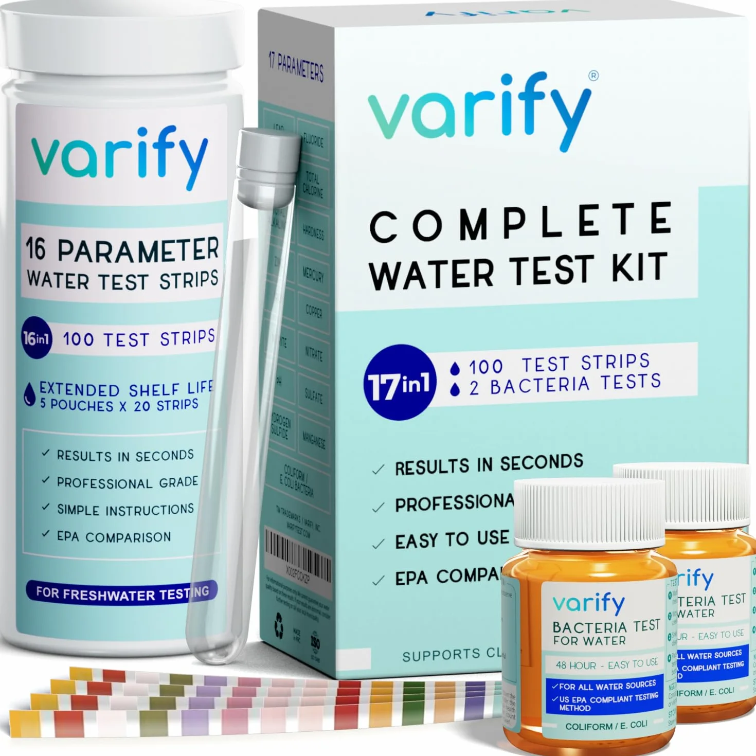 Zestaw do testowania wody 17 w 1 – 100 pasków + 2 testy Bacteria - Home Water Quality Test - Well and Tap Water - Easy Testing for Lead, Bacteria, Hardness, Fluoride, PH, Iron, Copper and More!