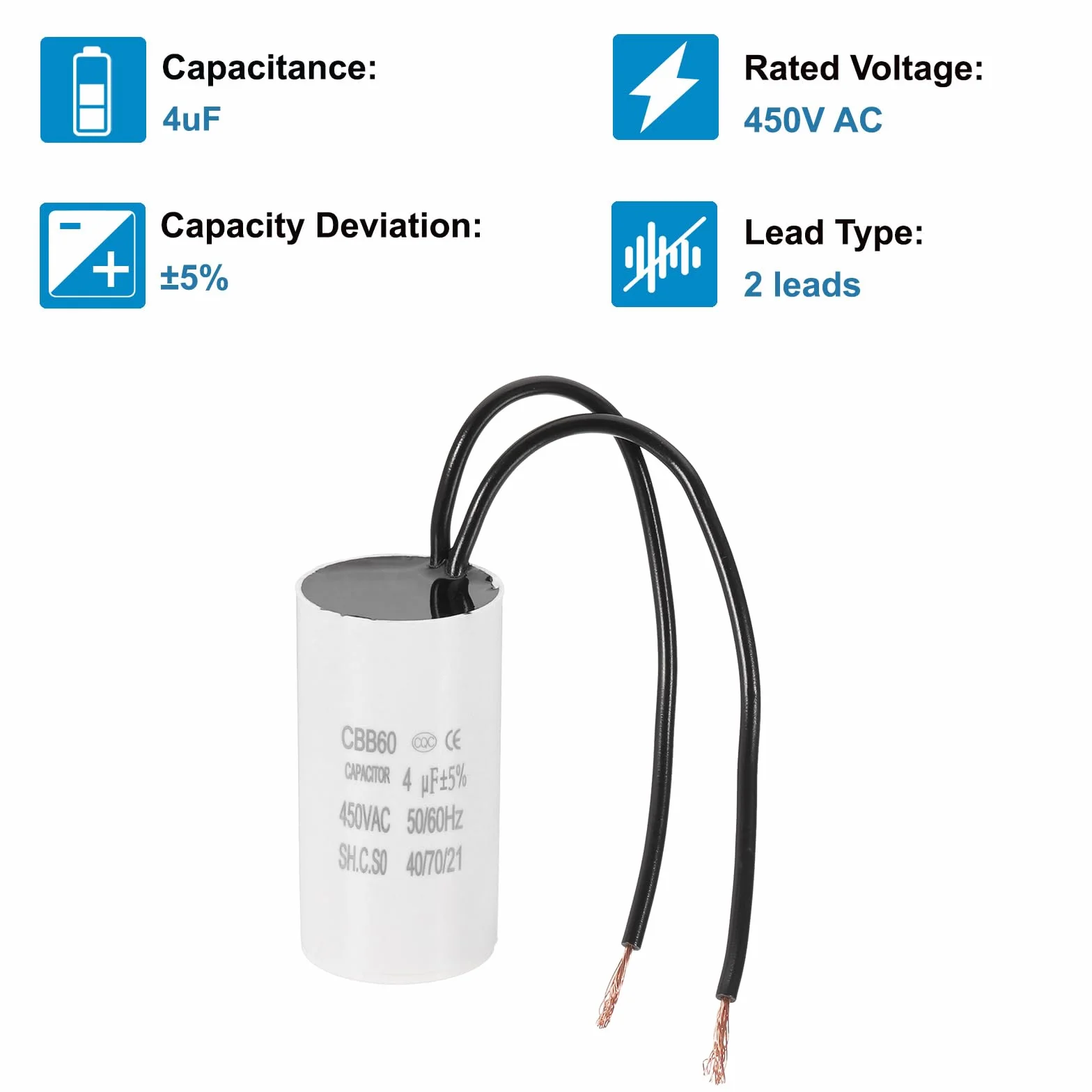 PATIKIL Kondensator rozruchowy 4uF CBB60, 2 sztuki kondensatora z 2 przewodami, silnik rozruchowy AC 450 V o częstotliwości 50 Hz/60 Hz, odpowiedni biały